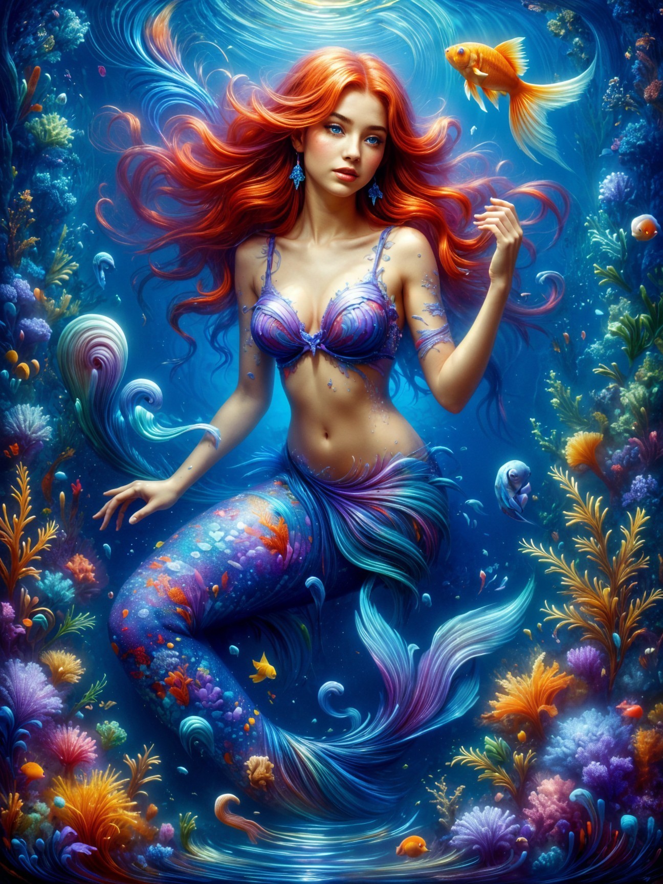 Vibrant Underwater Scene with Mermaid and Marine Life