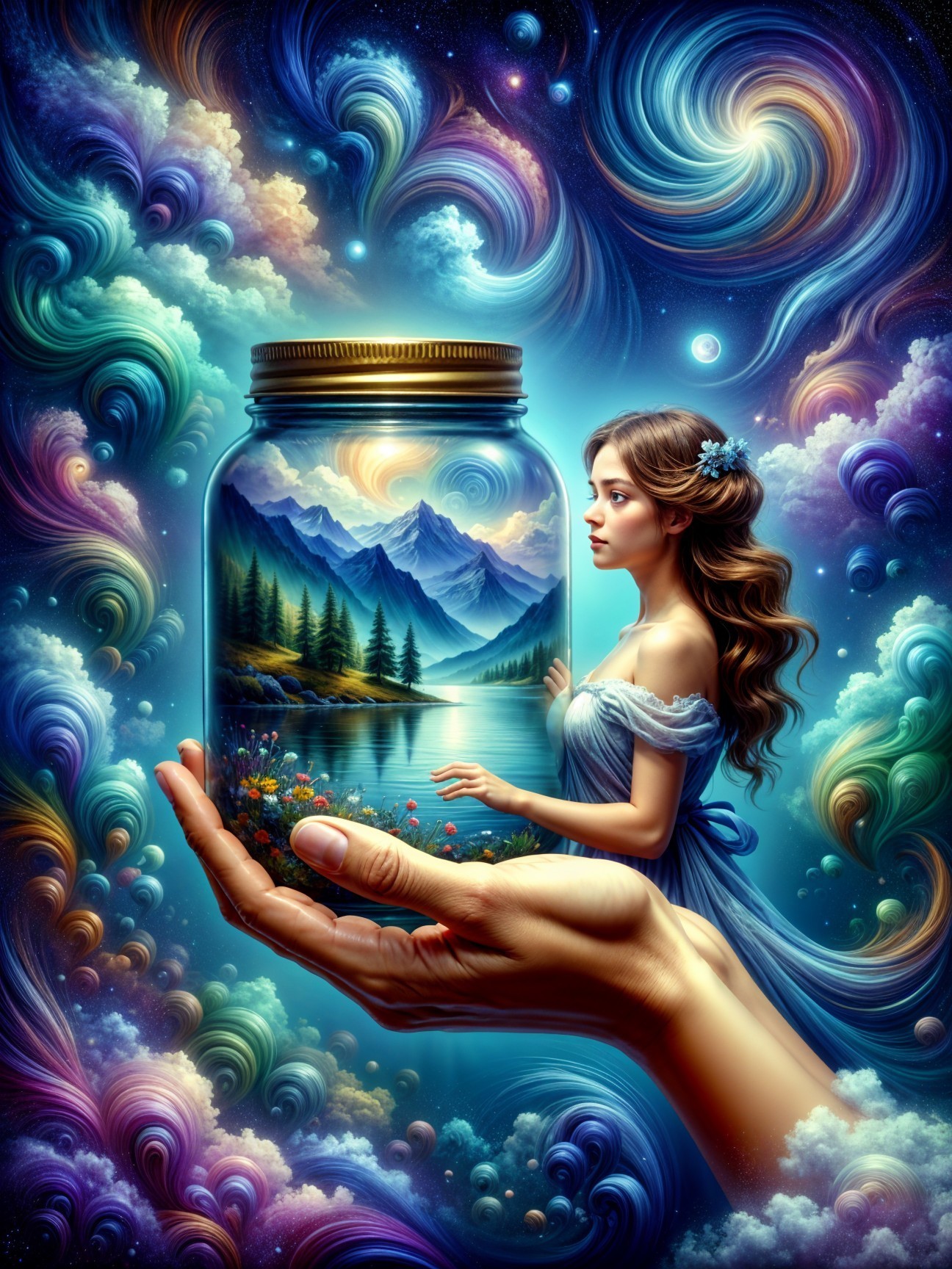 Mystical Scene of Woman with Glass Jar Landscape