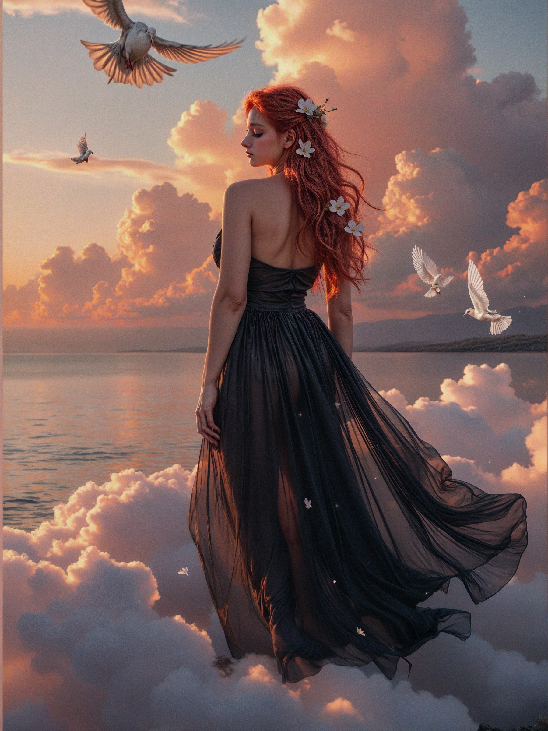 Woman in Black Gown on Clouds at Sunset