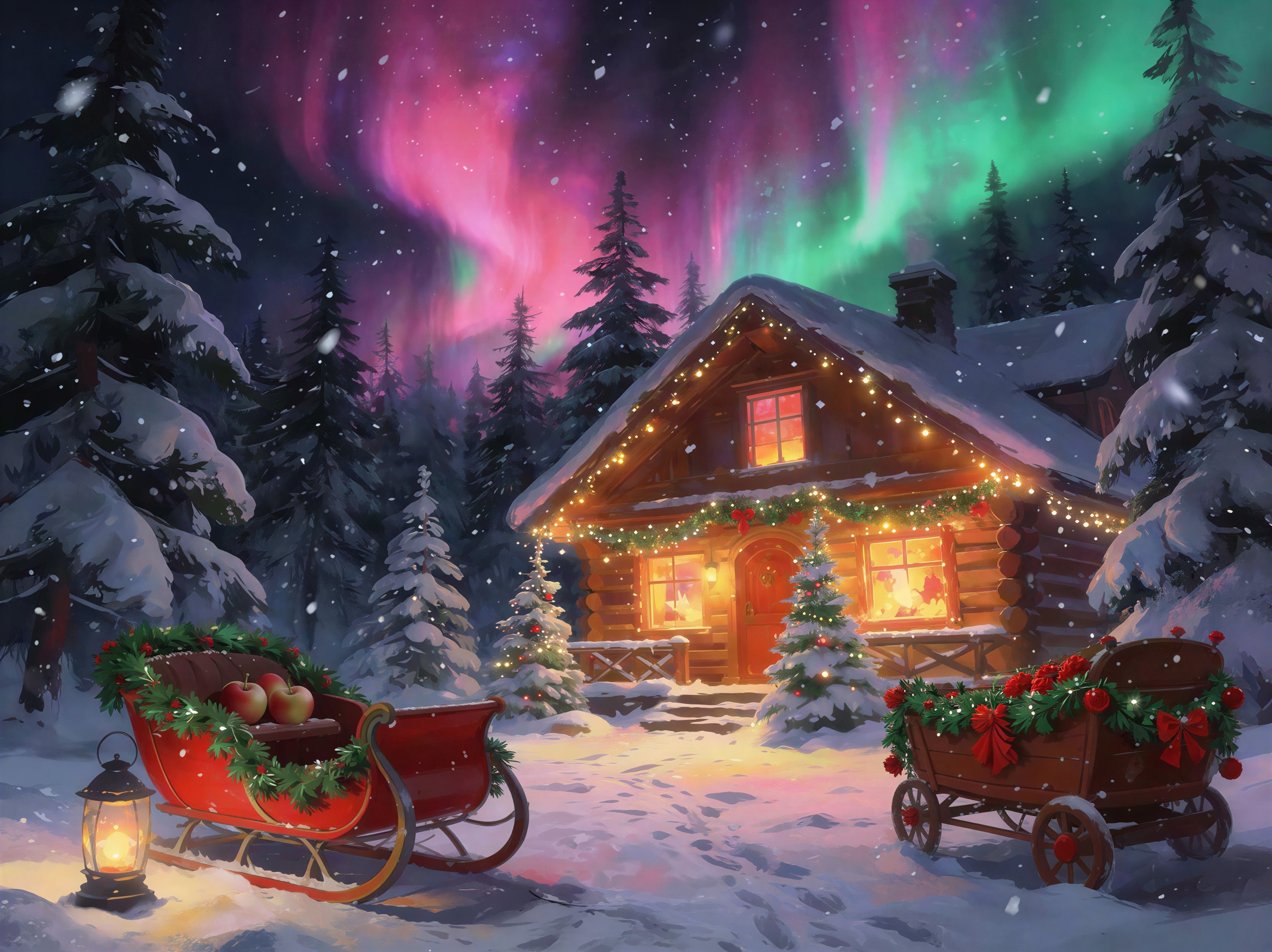 Cozy Christmas Scene in Snowy Forest with Aurora