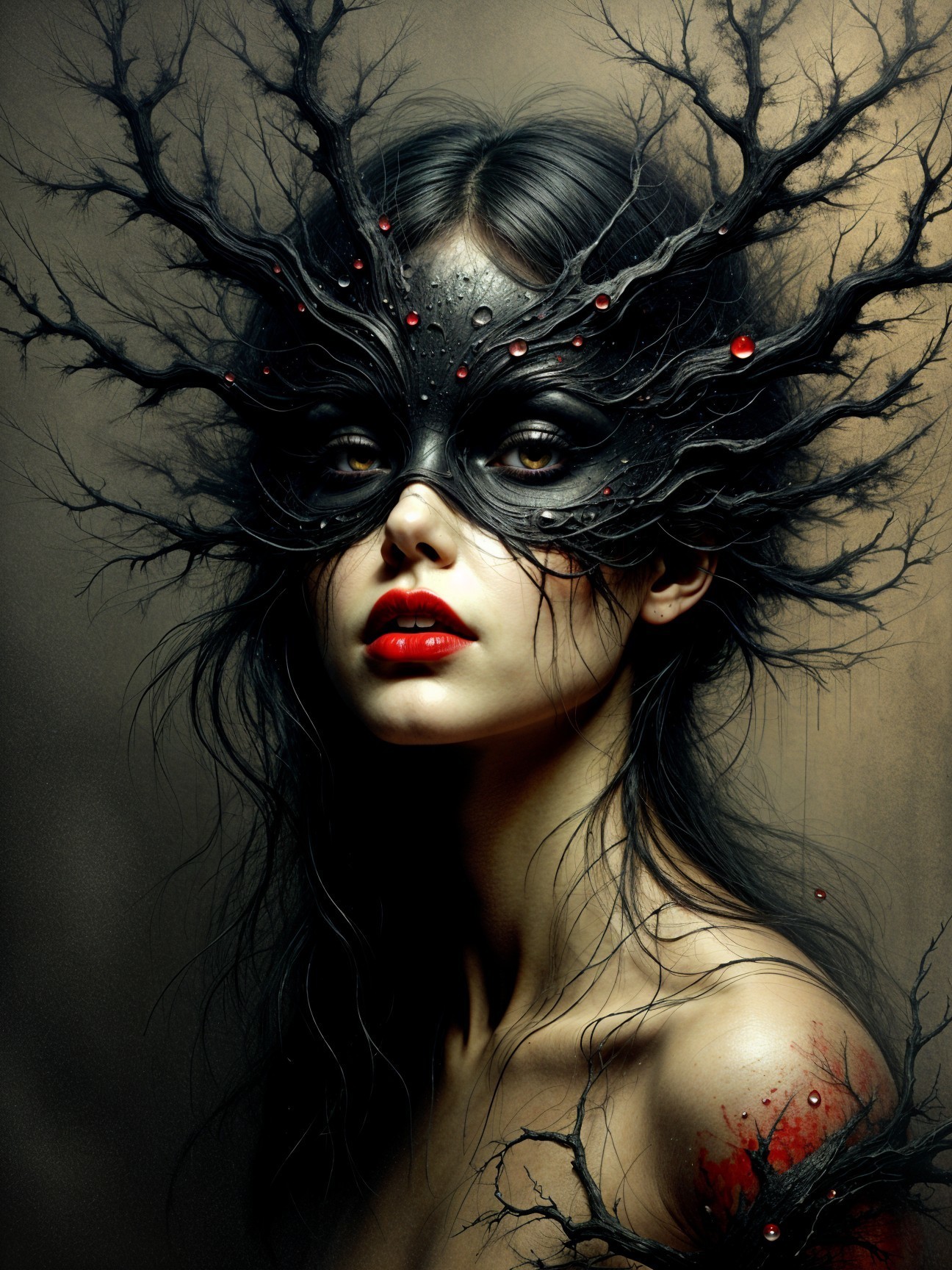 Woman with Intricate Dark Mask and Ethereal Lighting