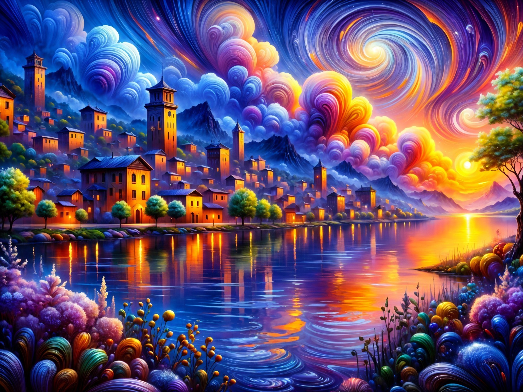 Surreal Landscape of a Town by a Shimmering River
