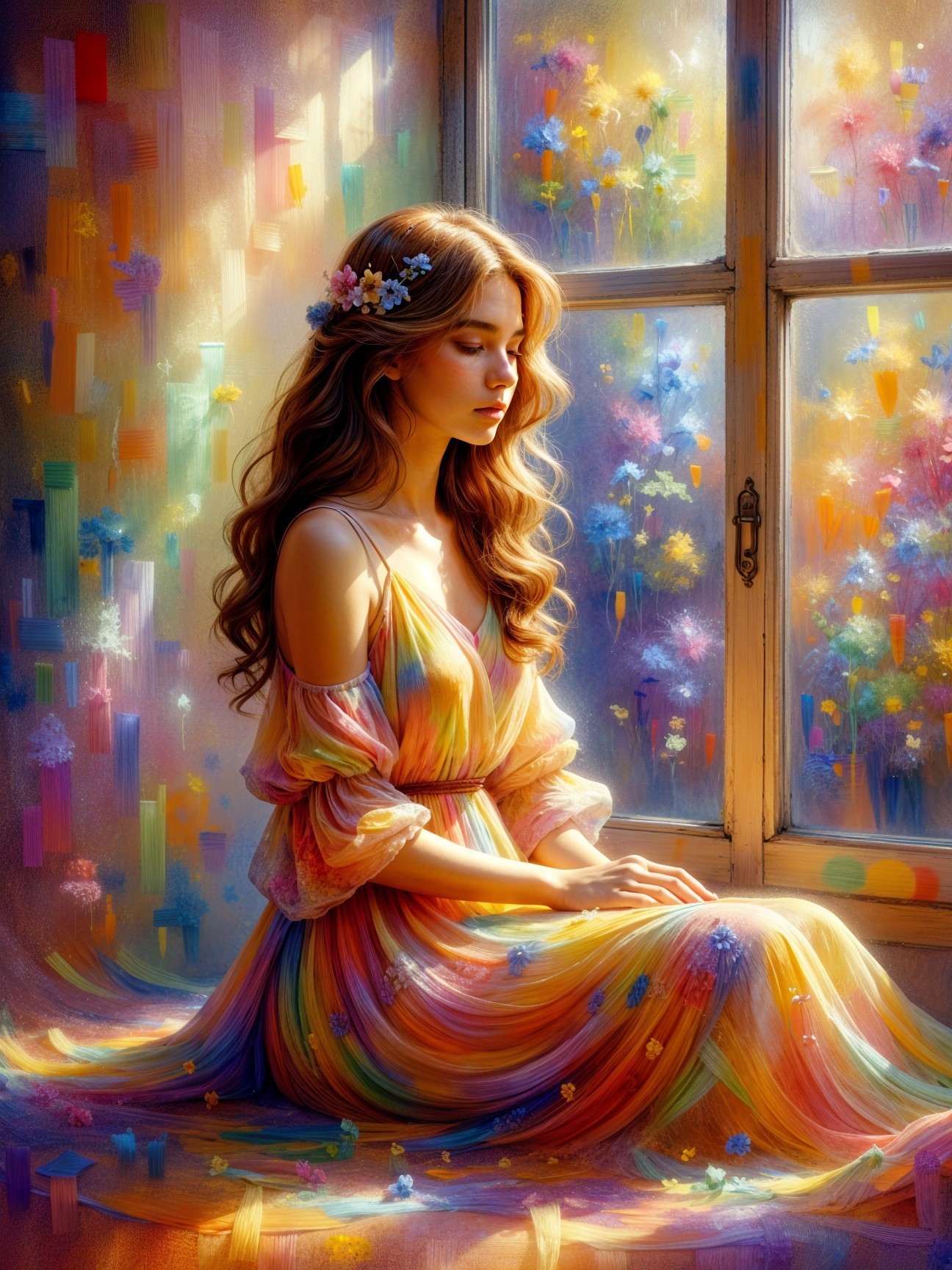Serene Young Woman by Flower-Adorned Window