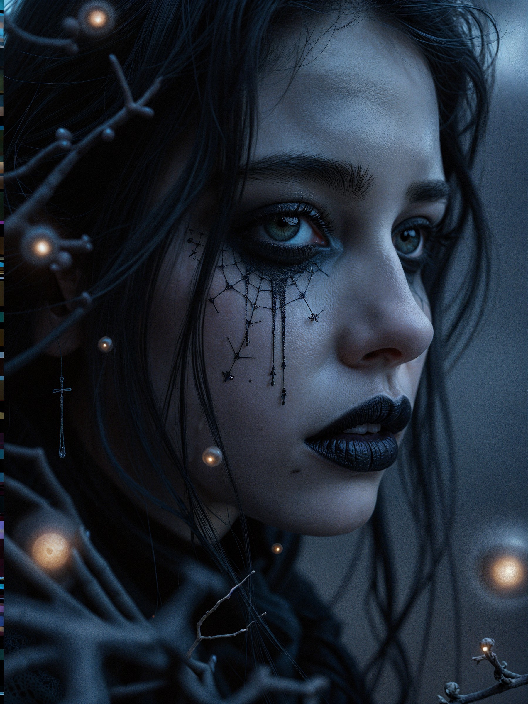 Close-up of a young woman with dark makeup and designs