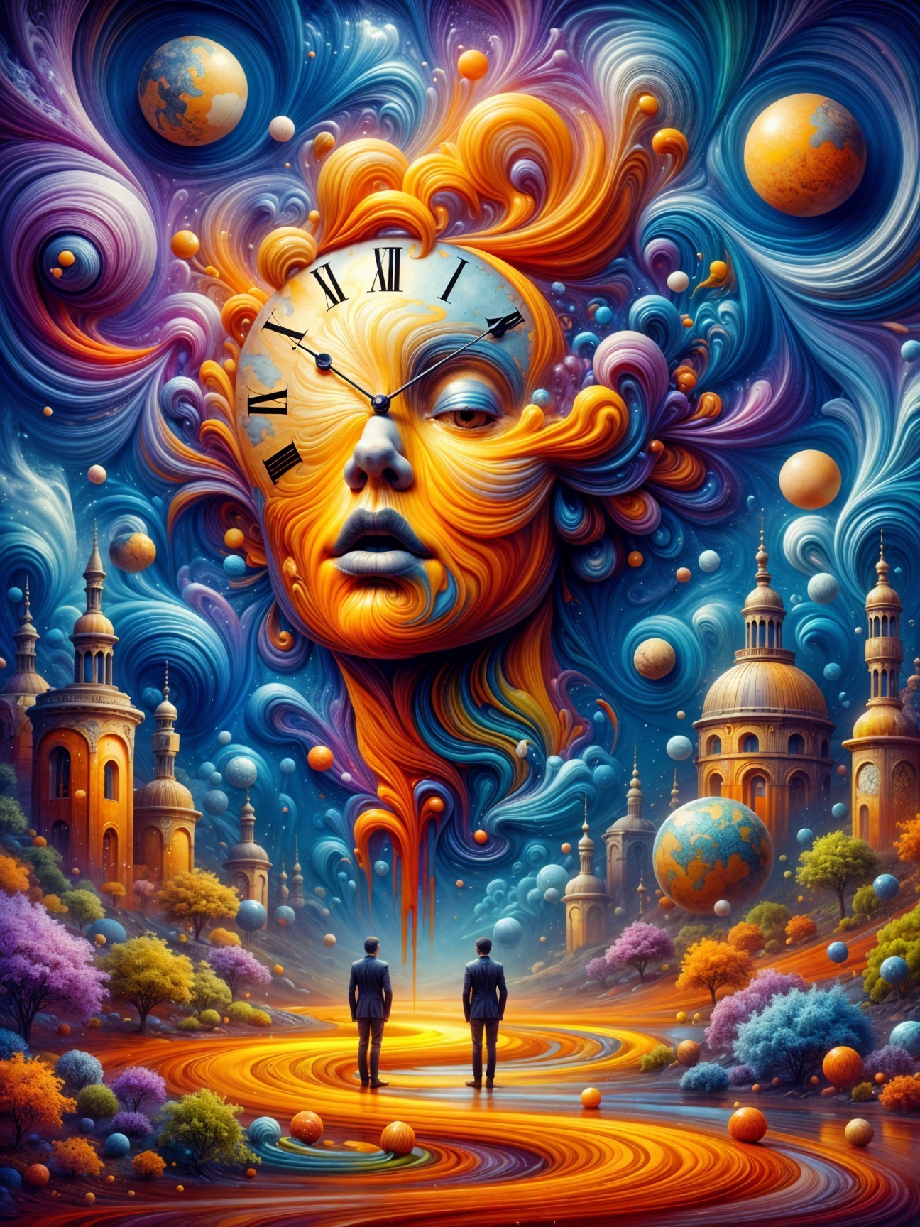 Surreal Landscape with Vibrant Face and Ethereal City
