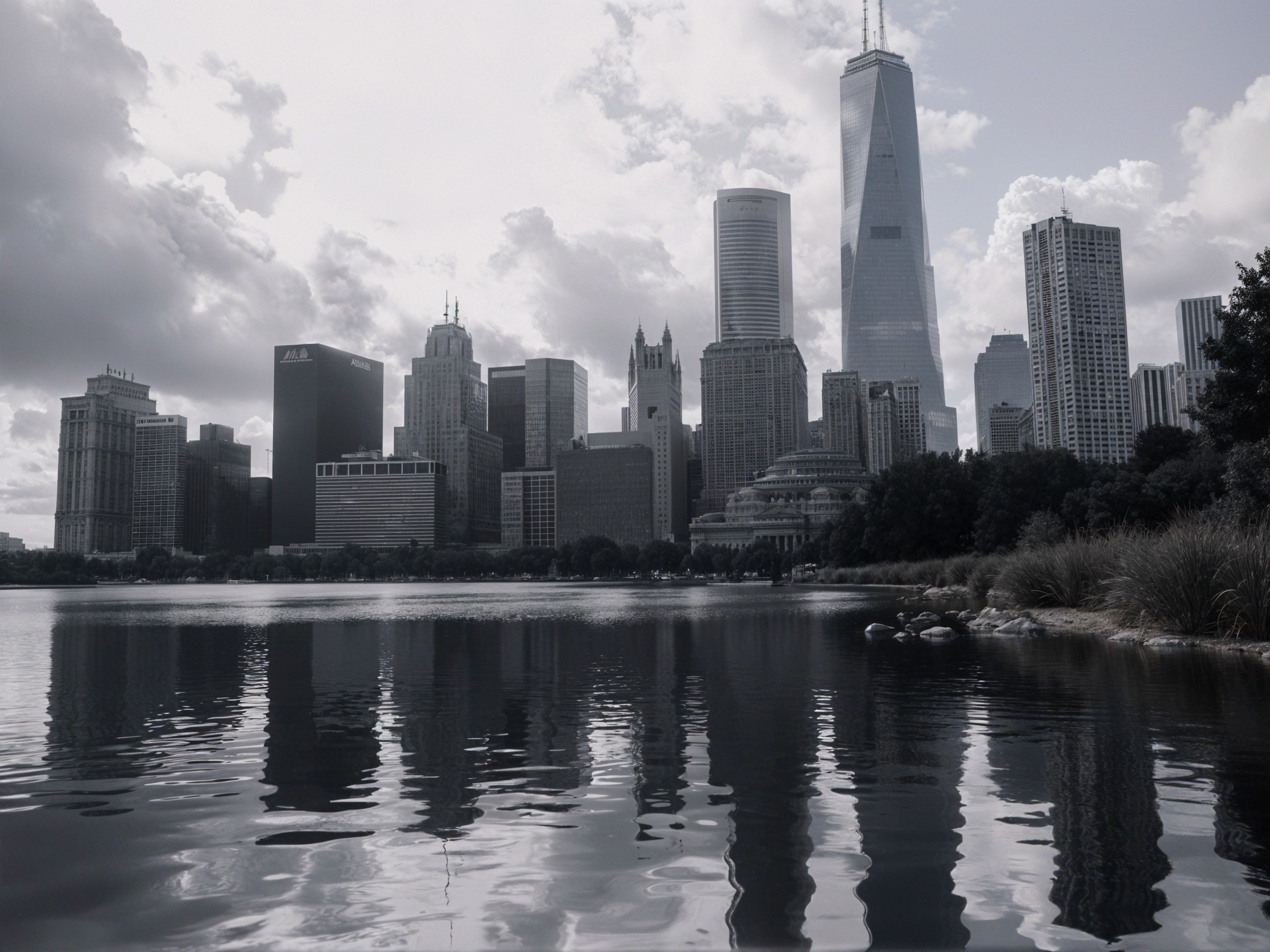 Black-and-white city skyline reflection on water