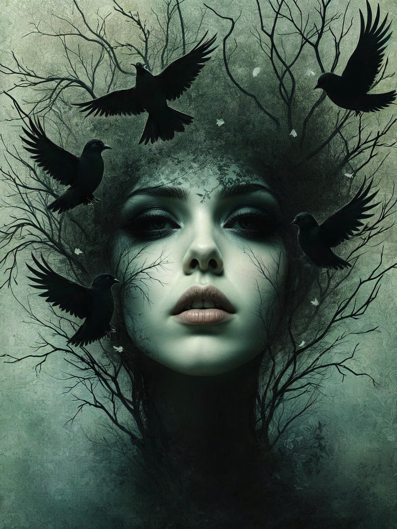 Surreal Portrait of Woman with Tree-Like Hair and Crows