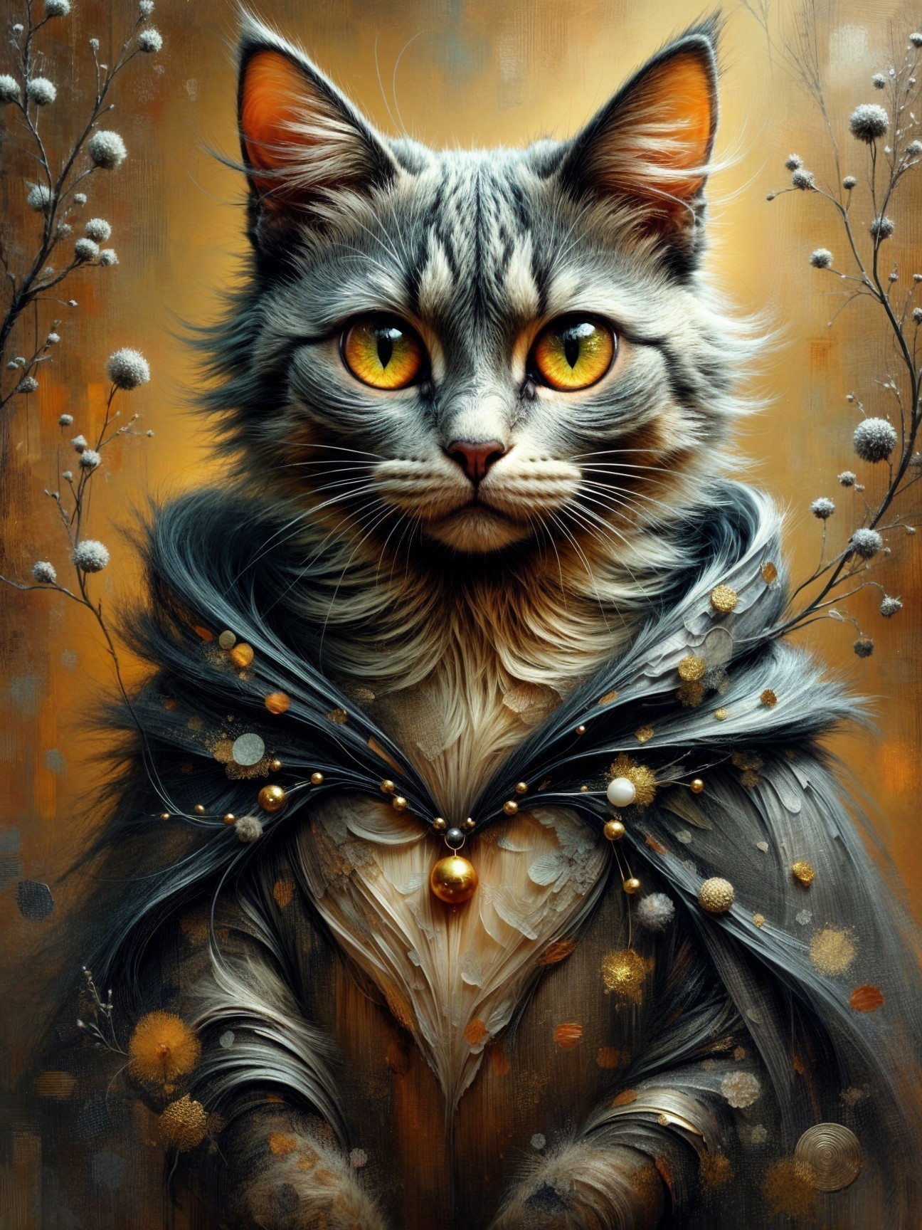 Majestic Cat in Cloak with Golden Eyes and Floral Background