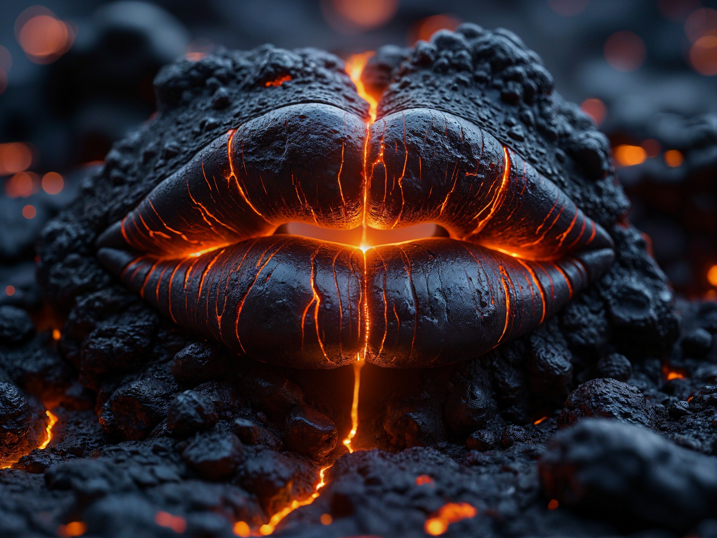 Volcanic Rock Lips with Glowing Lava Cracks