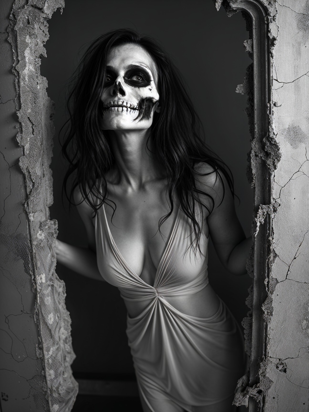 Woman in doorway with skull-painted face and dress