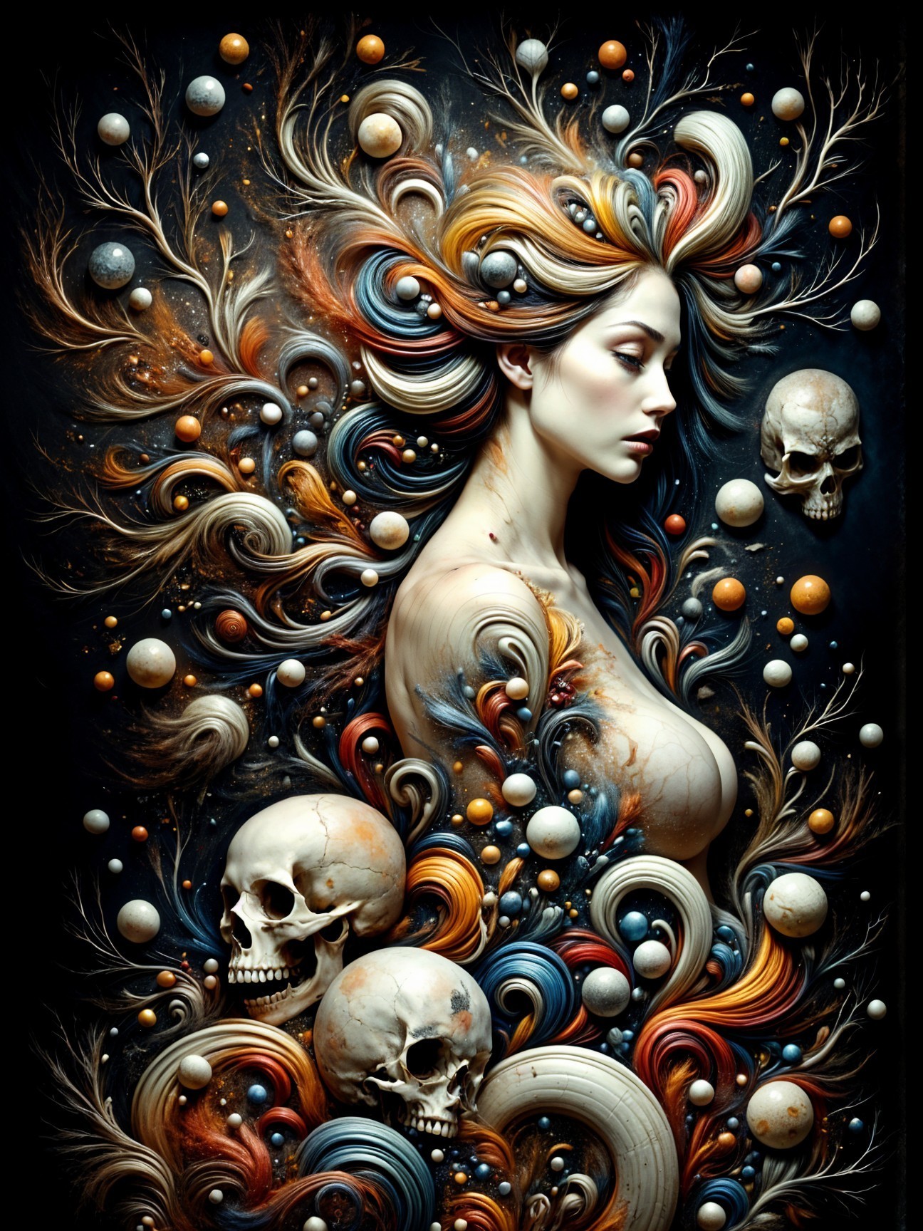 Surreal Profile with Vibrant Hair and Celestial Elements