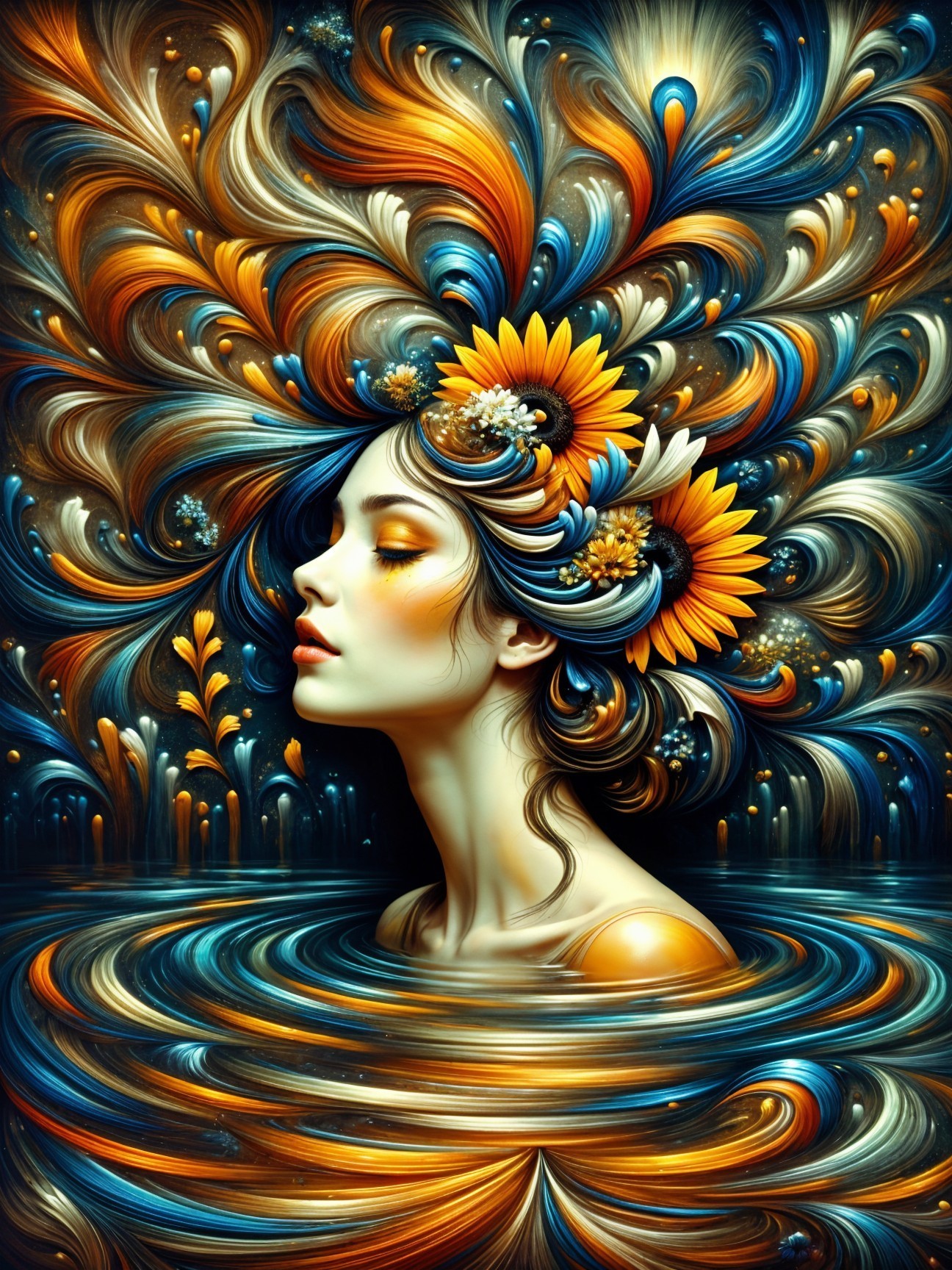 Ethereal Woman in Colorful Swirling Waters