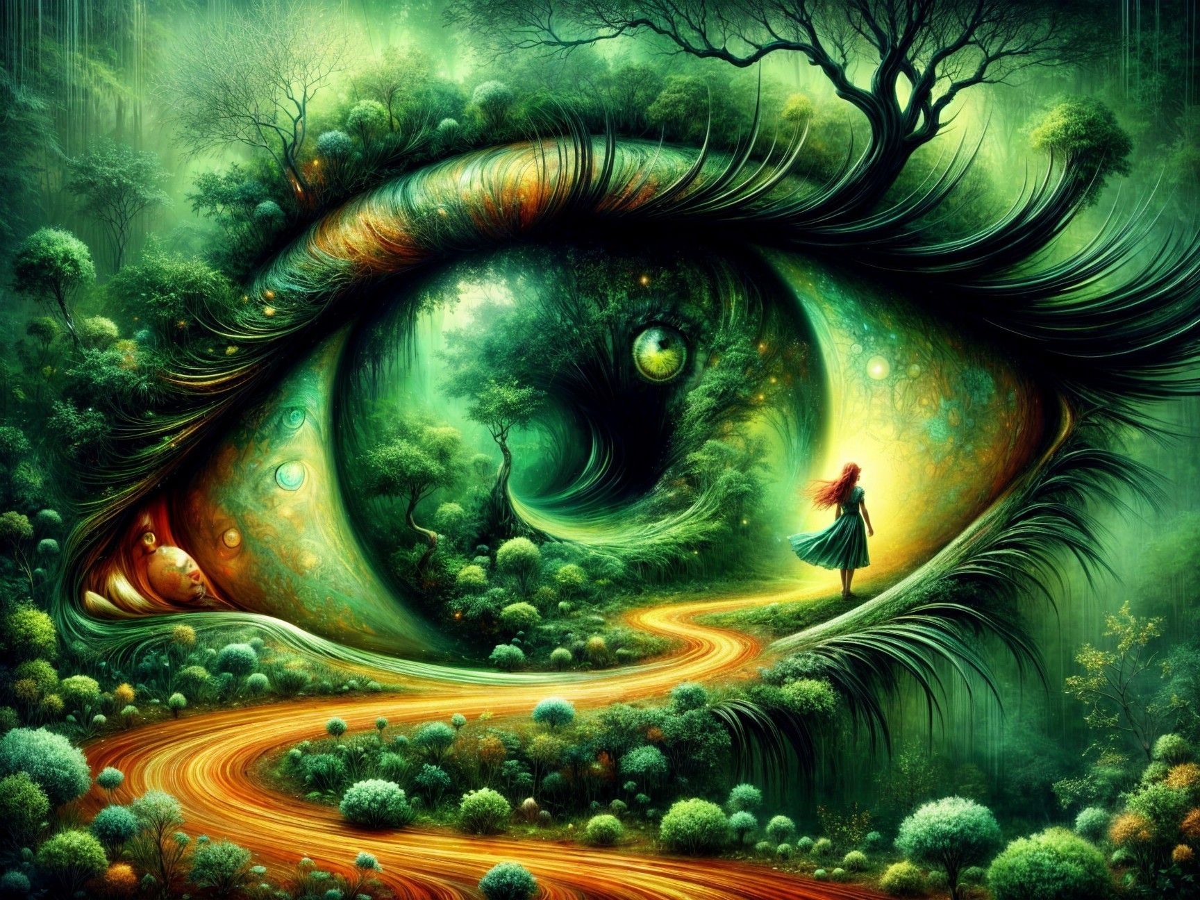Surreal landscape within a giant eye with vibrant greens