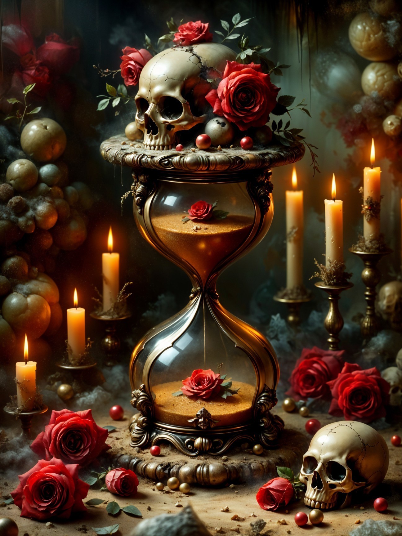 Ornate Hourglass with Skull and Roses in Dark Decor