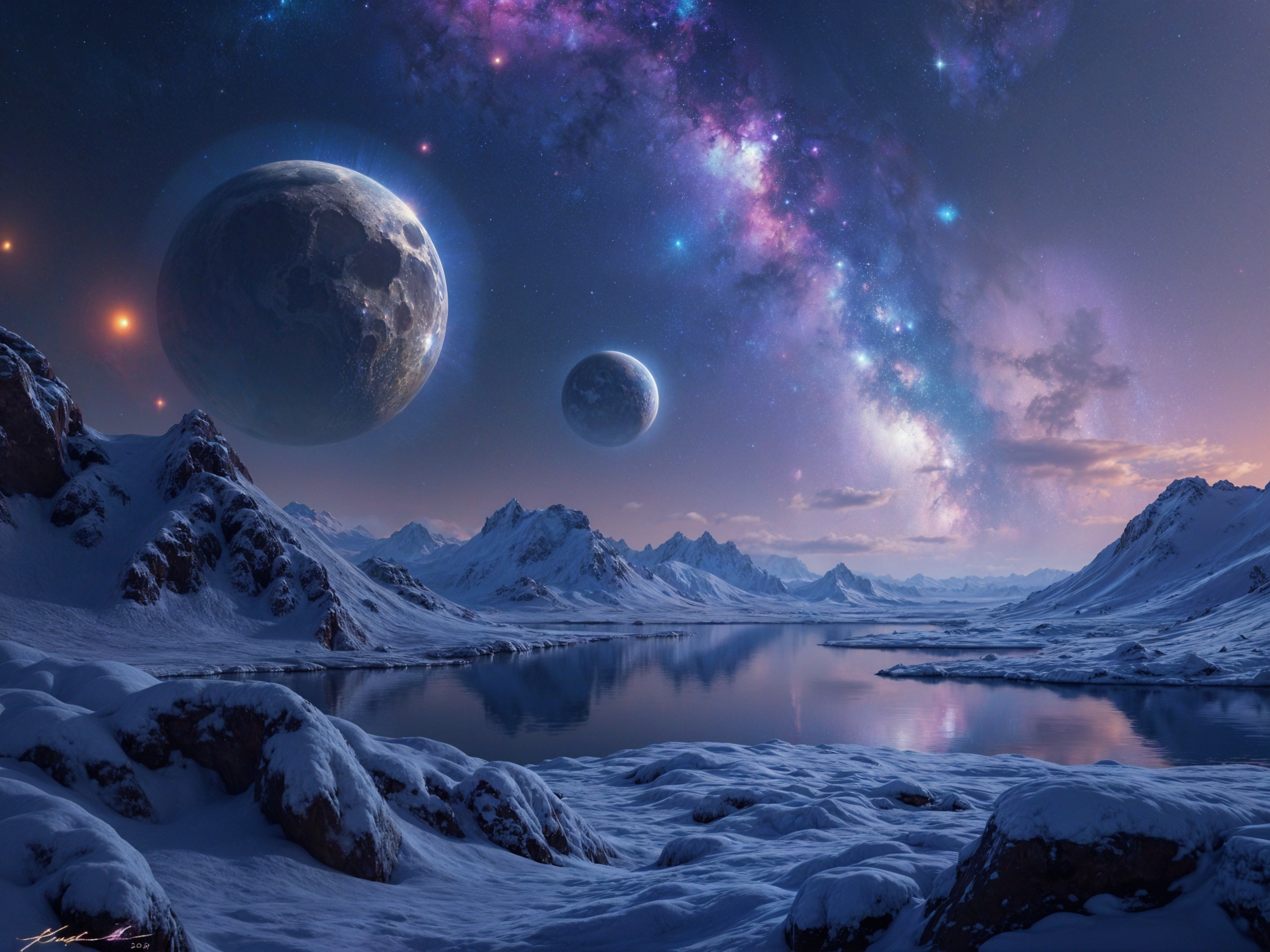 Extraterrestrial Landscape with Mountains and Galaxies