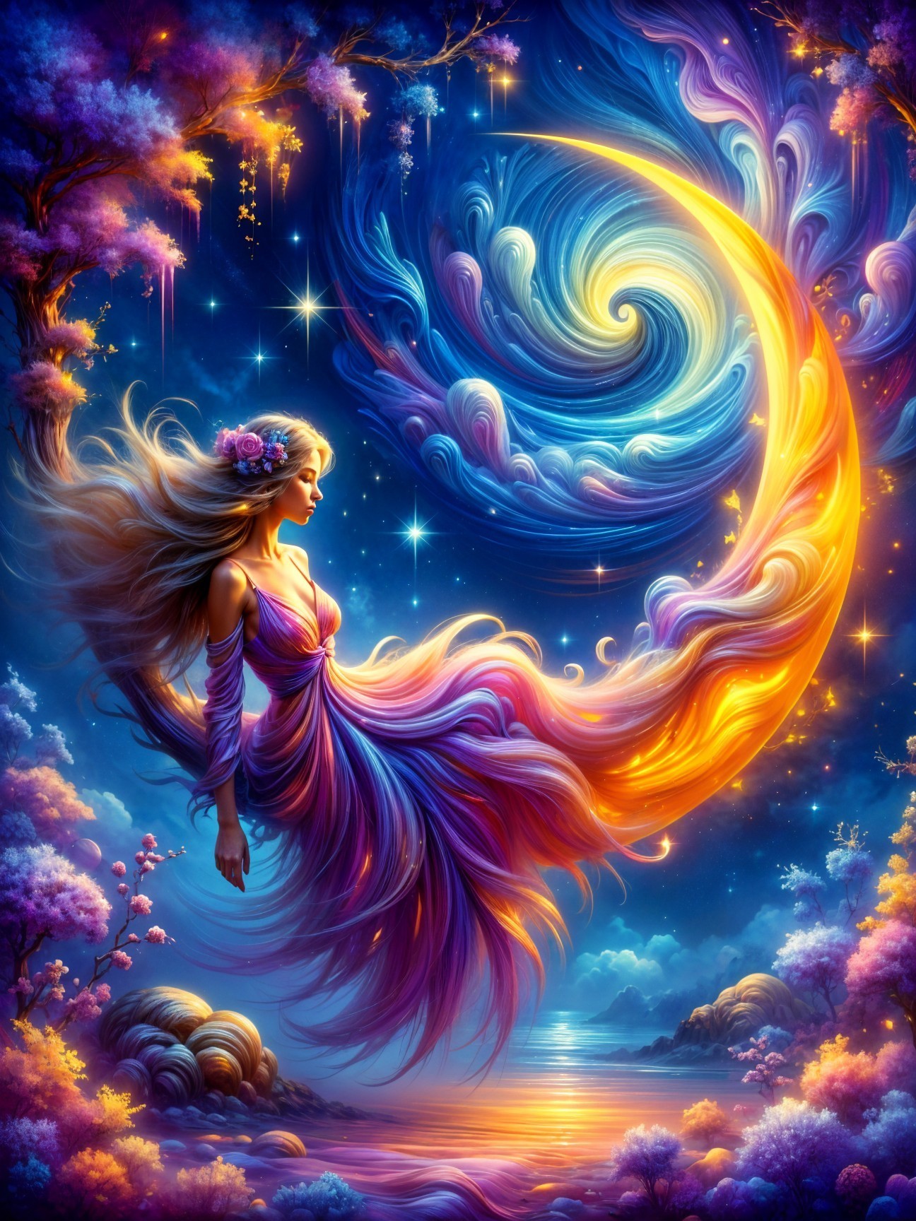 Celestial Woman in Vibrant Night Sky with Blossoms