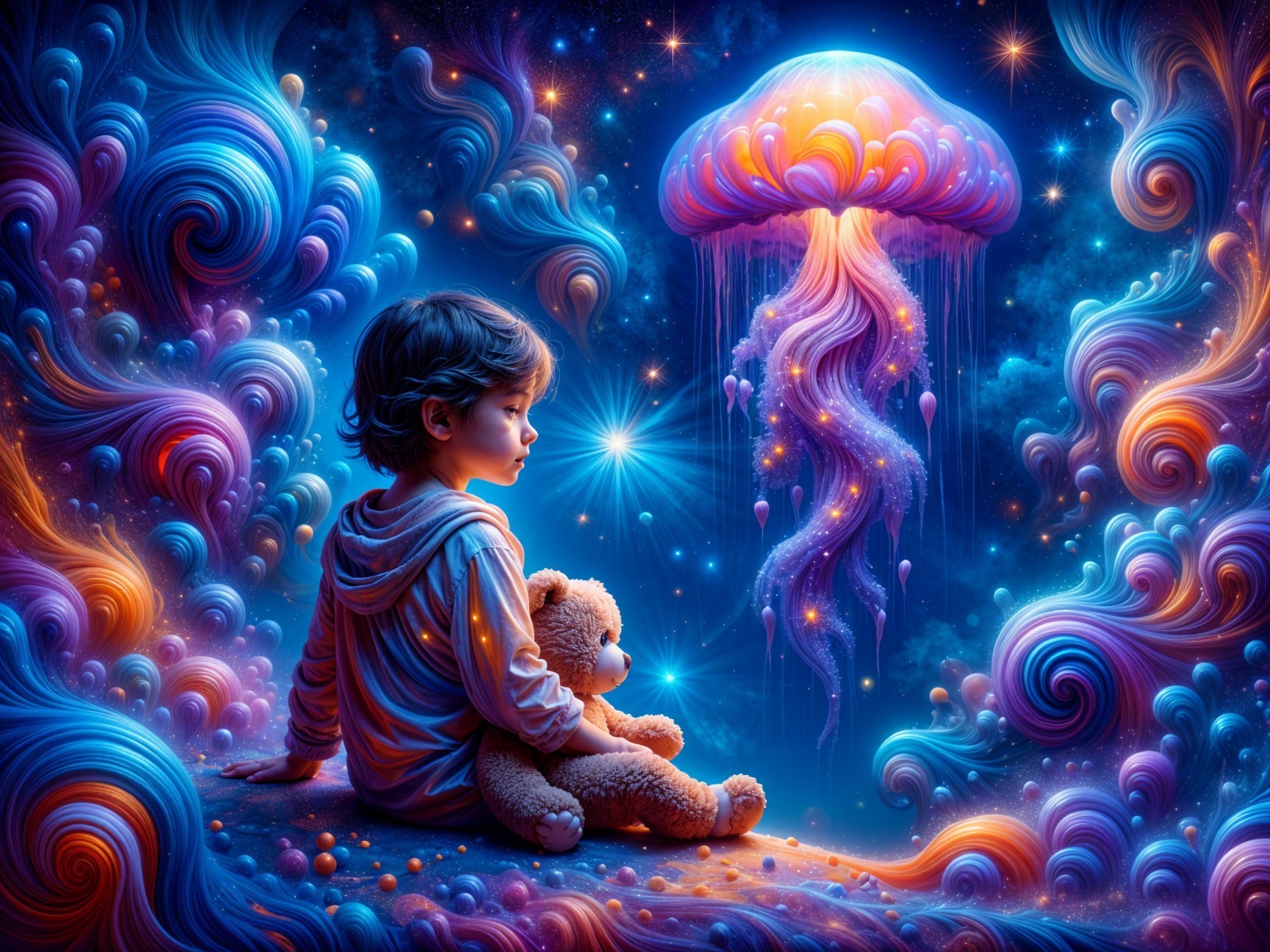 Child and Teddy Bear in a Cosmic Galaxy Scene