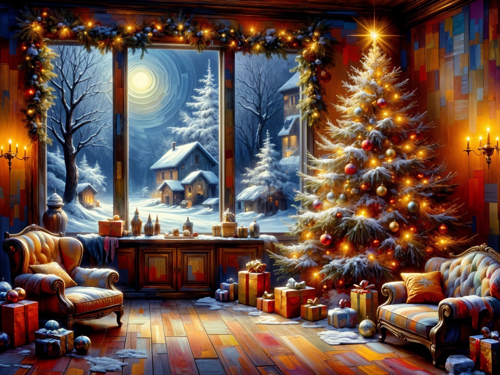 Cozy Christmas Living Room with Decorated Tree and Snow