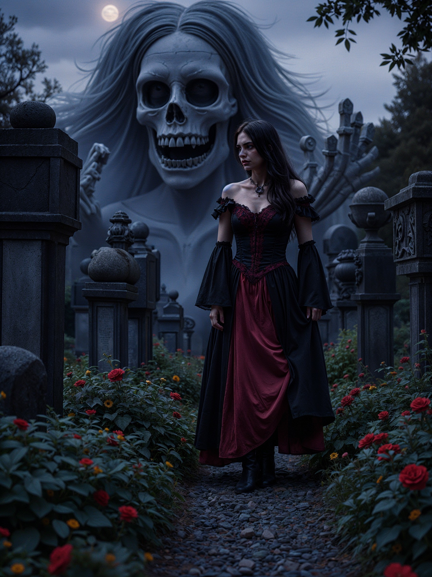 Mysterious Woman in Graveyard with Skeletal Figure