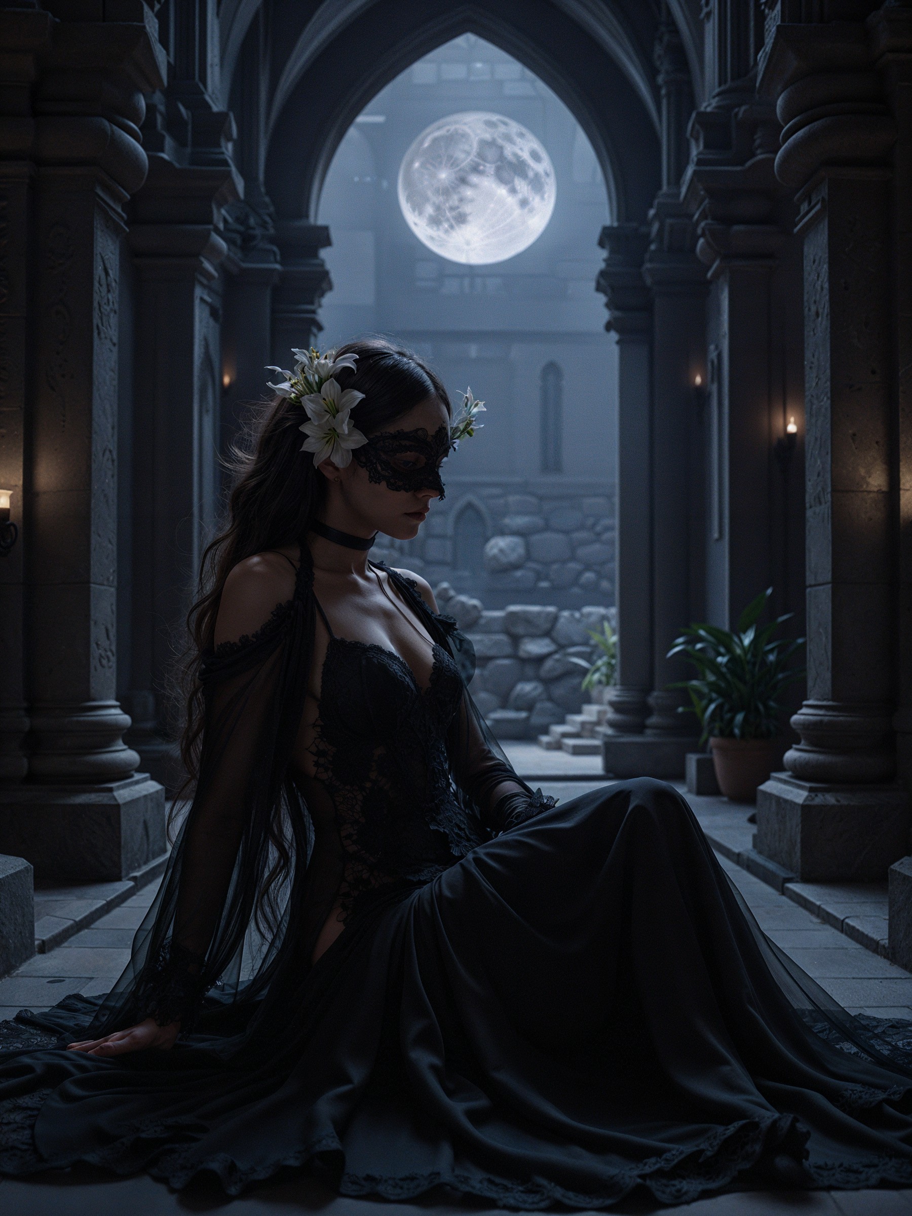 Mysterious Figure in Gothic Setting with Moonlight