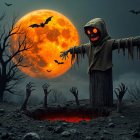 Eerie Landscape with Full Moon and Scarecrow