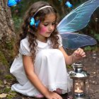 Young girl with fairy wings and glowing lantern by tree
