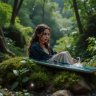 Young woman in canoe amidst serene forest landscape