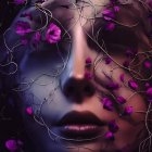 Surreal Face Concealed by Vines and Purple Flowers