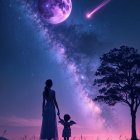 Twilight Scene with Woman, Girl, and Purple Moon