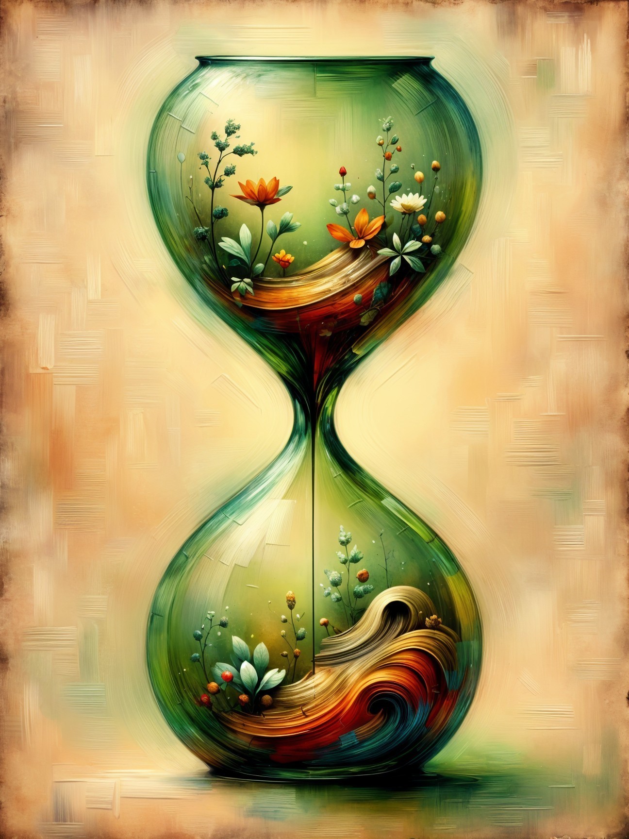 Vibrant Artistic Hourglass with Floral Motifs