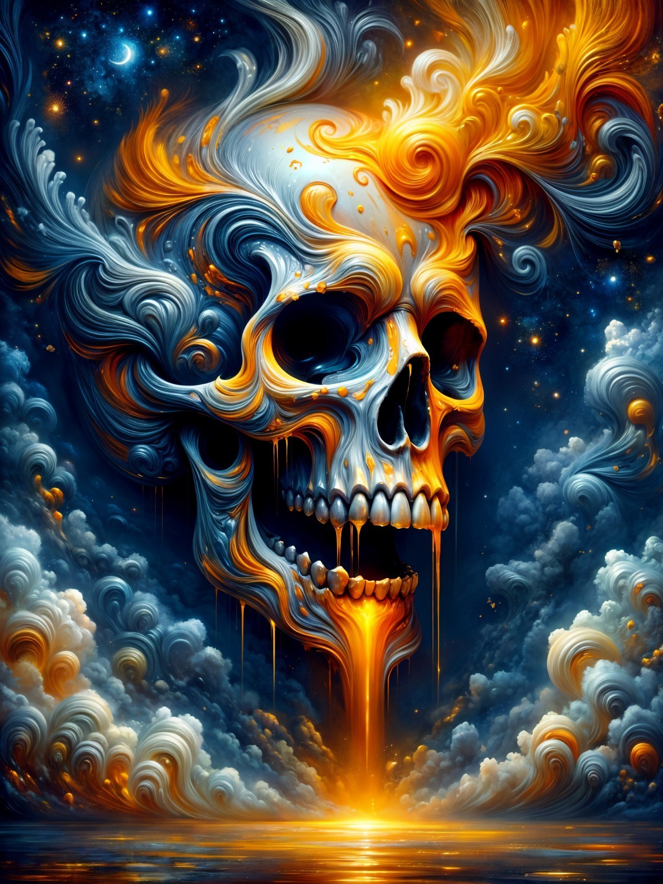 Surreal Skull with Vibrant Patterns and Cosmic Background
