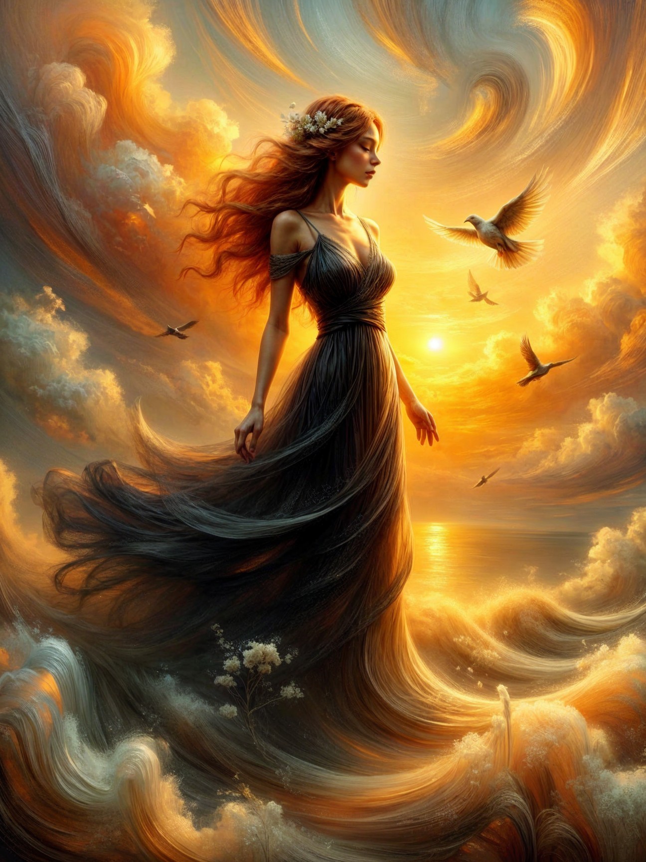 Ethereal Figure Surrounded by Clouds and Waves at Sunset