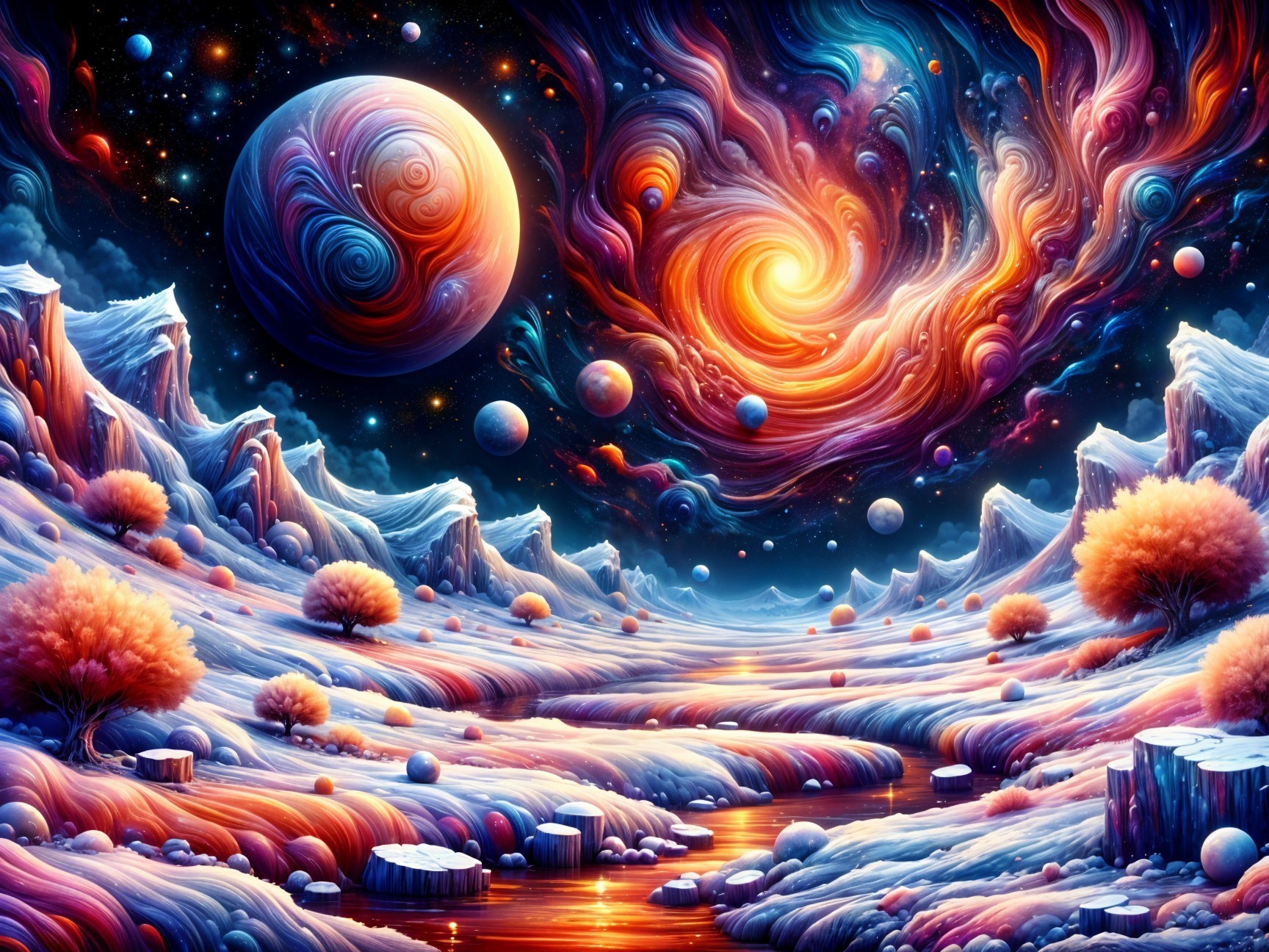 Vibrant Cosmic Landscape with Galaxies and Planets