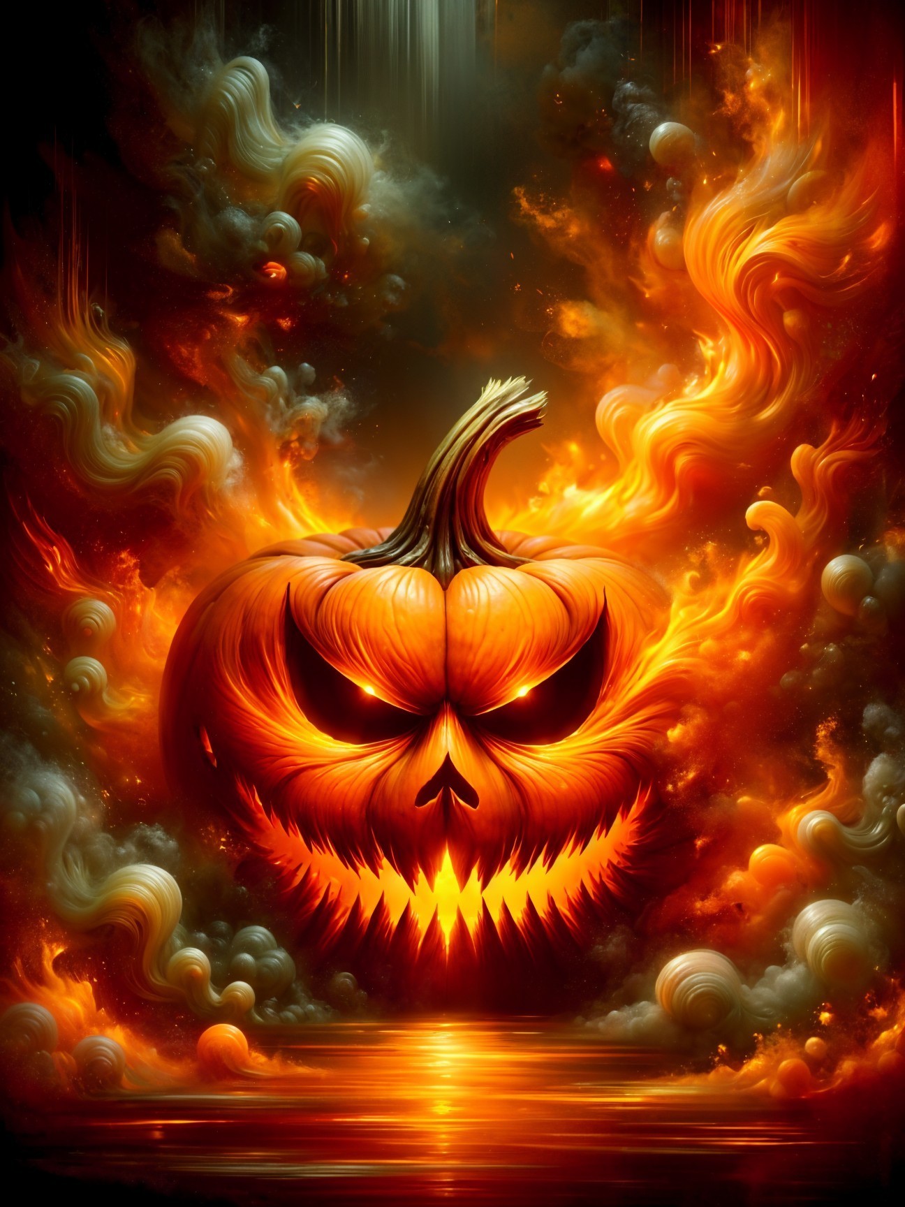 Menacing Jack-o'-lantern Surrounded by Flames and Smoke