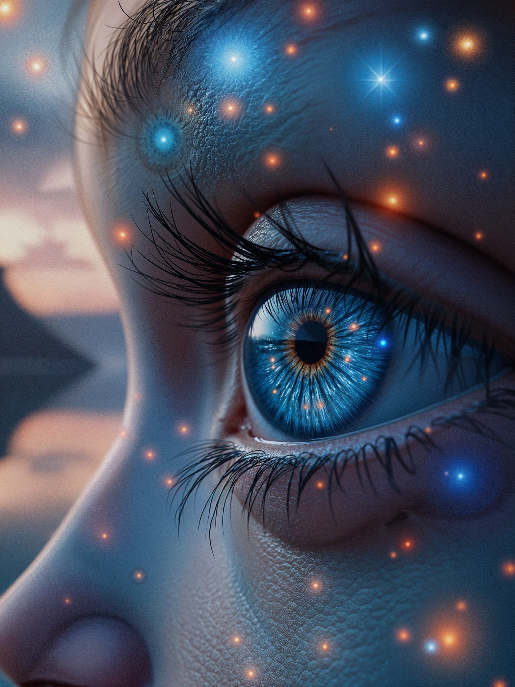 Close-Up of a Blue Eye with Cosmic Elements