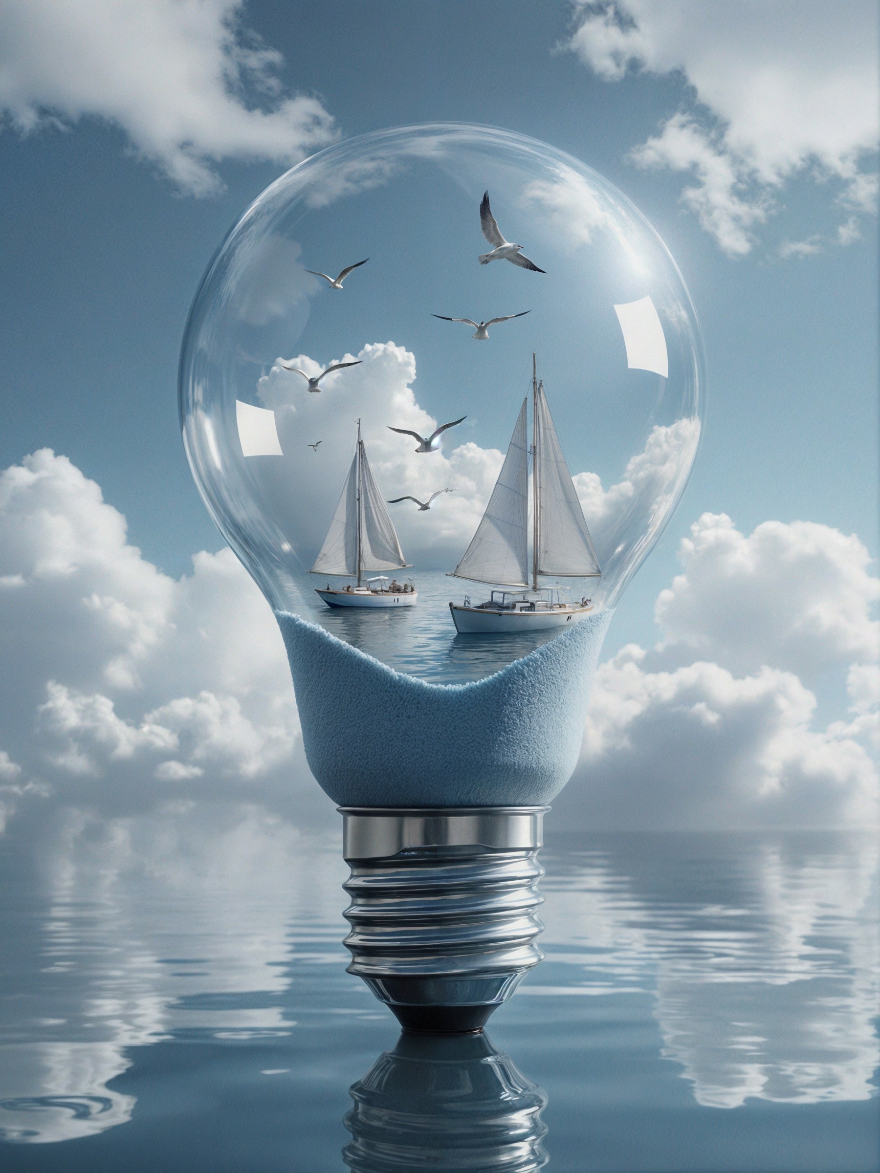 Surreal Light Bulb with Sailboats and Calm Waters