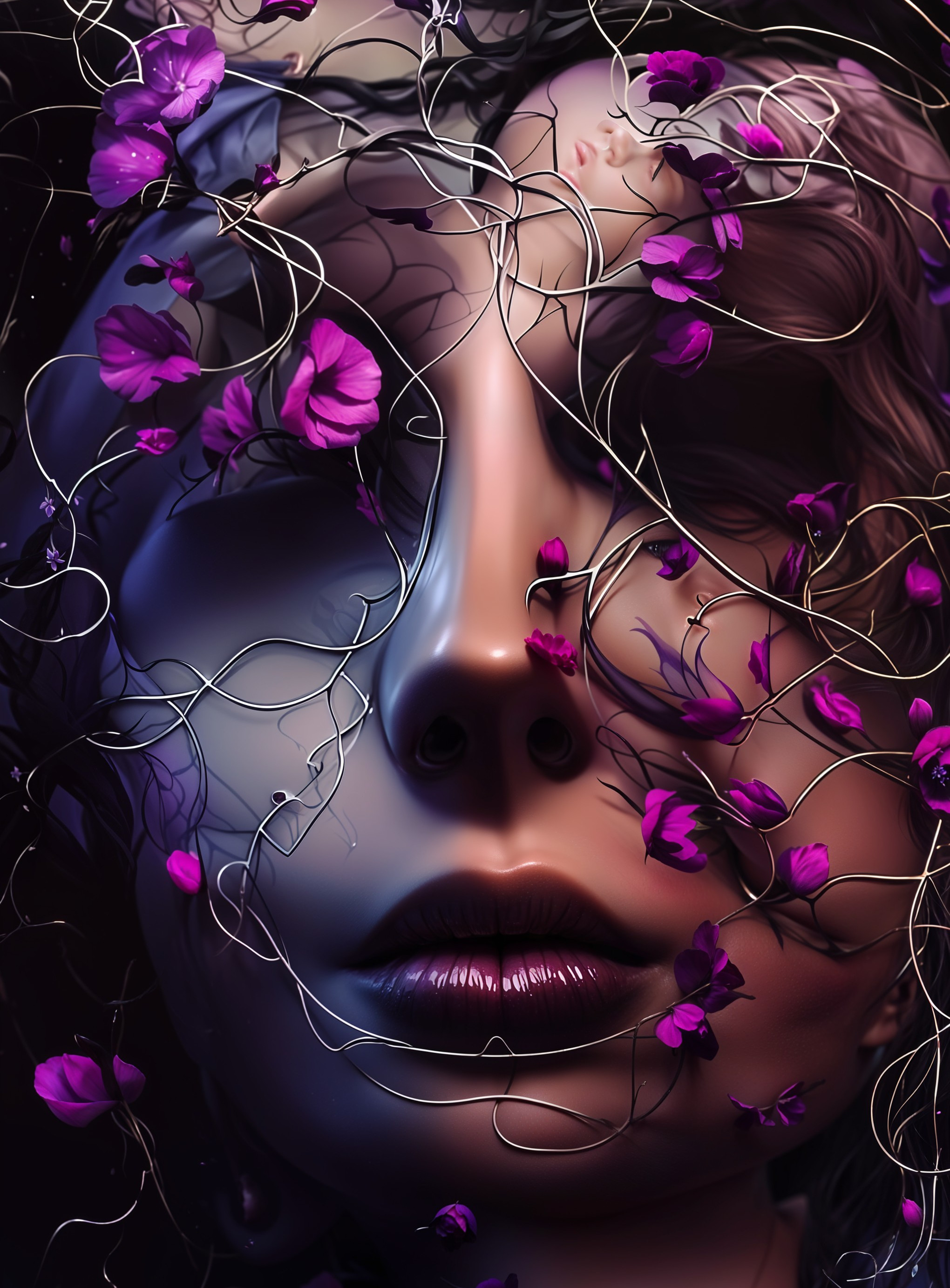 Surreal Face Concealed by Vines and Purple Flowers