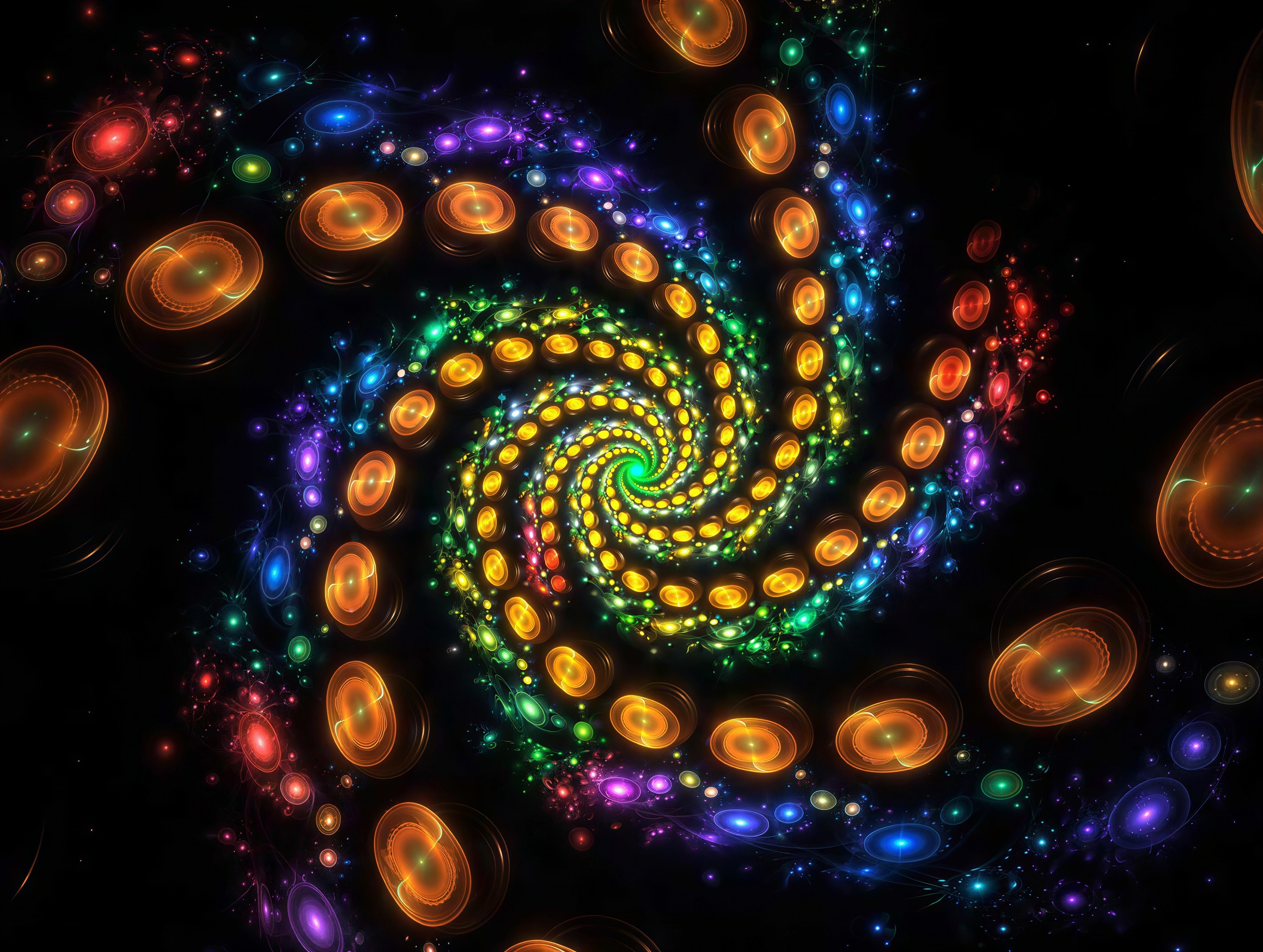 Colorful Spiral Fractal with Circles and Dots on Black