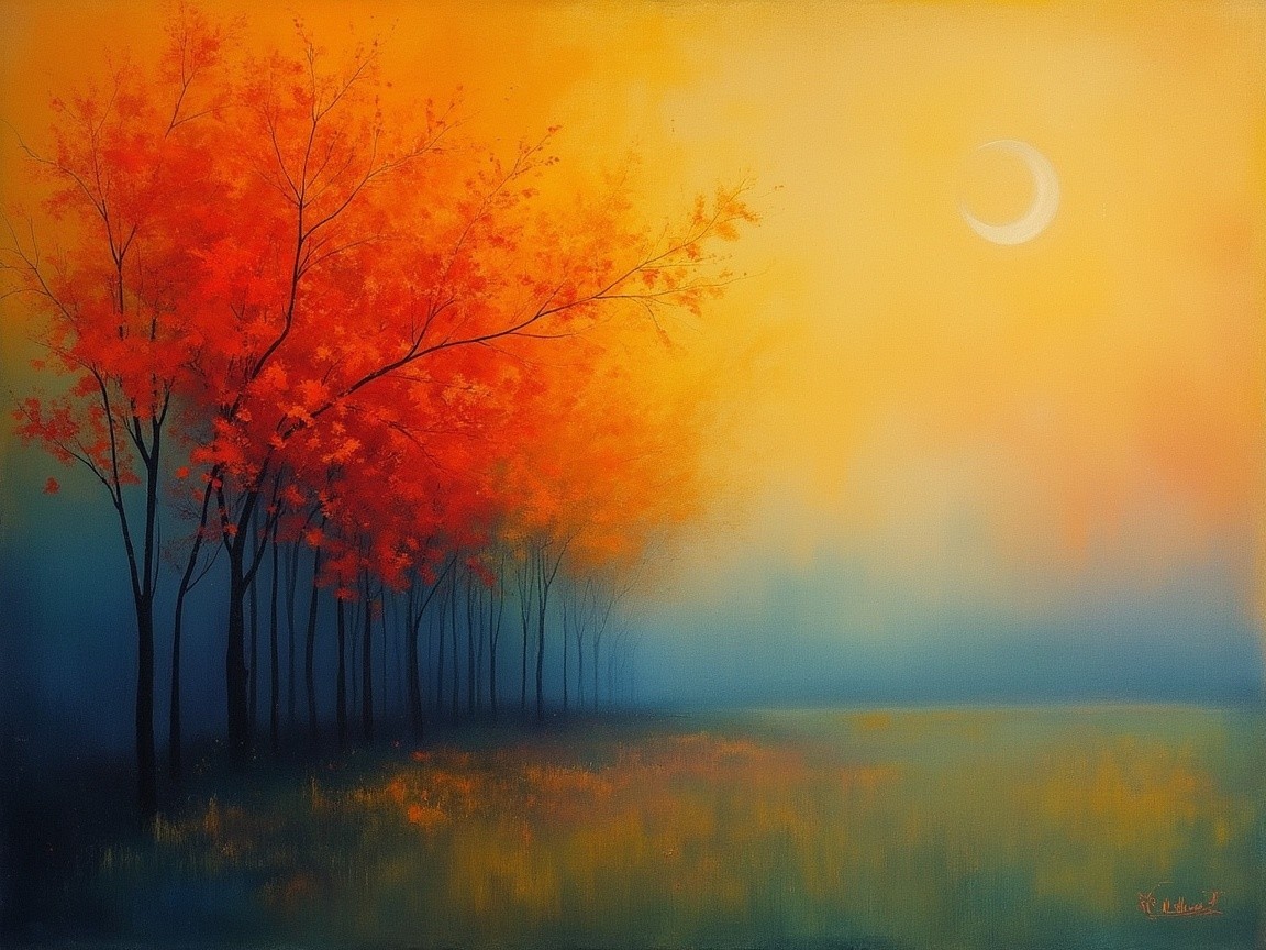 Serene Landscape with Vibrant Trees and Moonlight