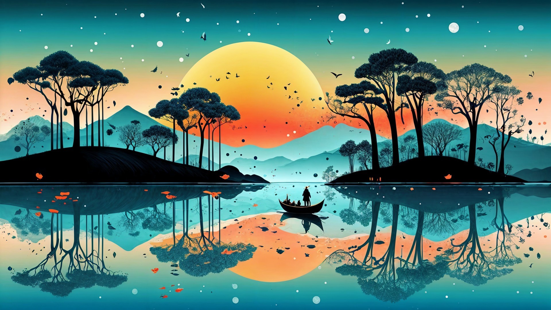 Vibrant Sunset Over Tranquil Lake Landscape