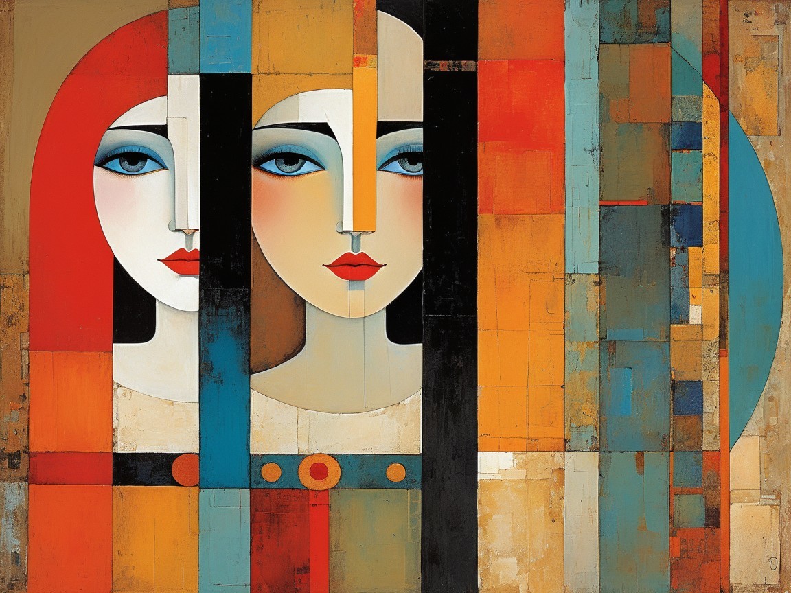 Stylized Female Faces with Bold Colors and Geometric Shapes