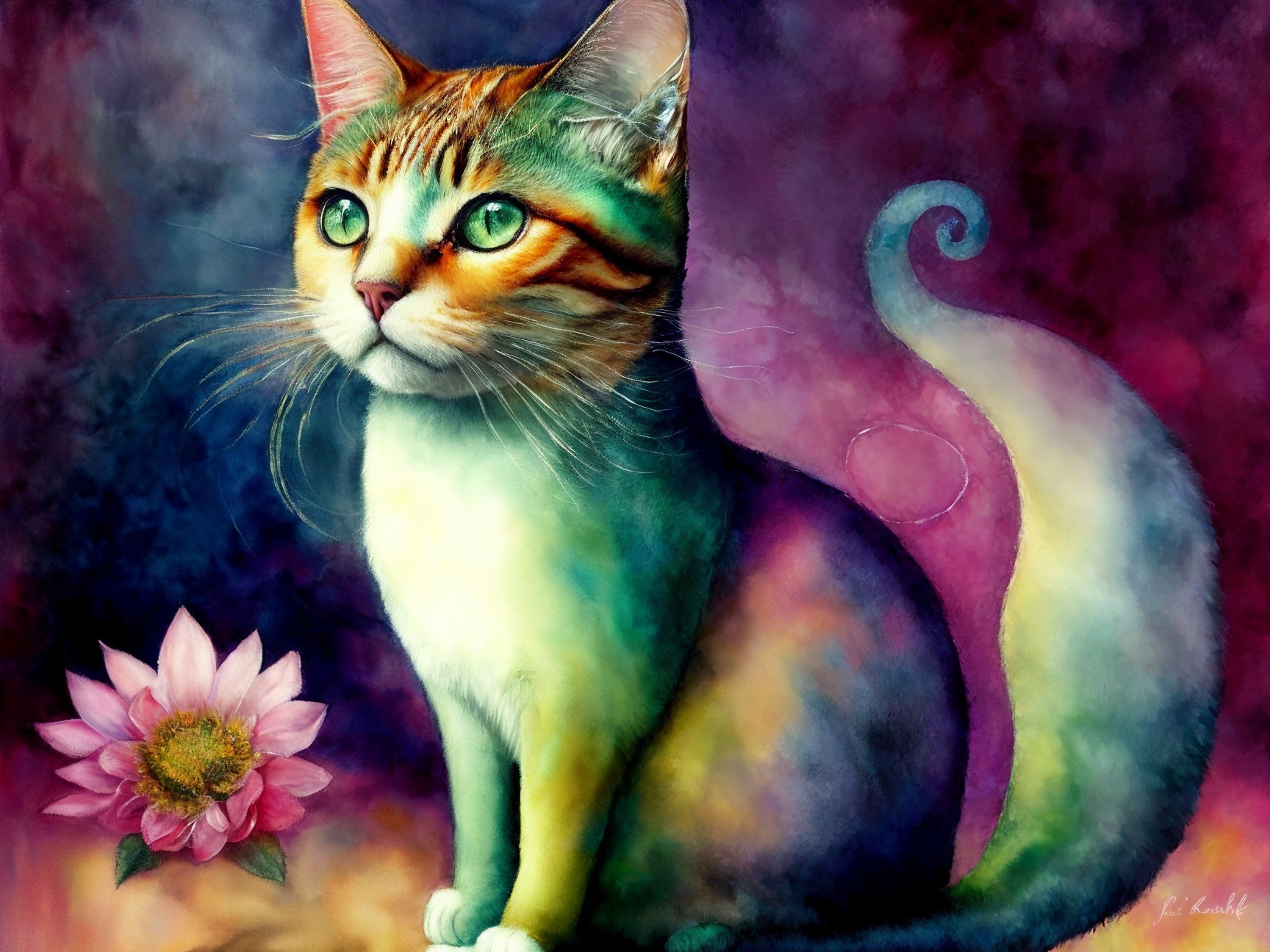 Colorful Cat Painting with Green Eyes and Lotus Flower