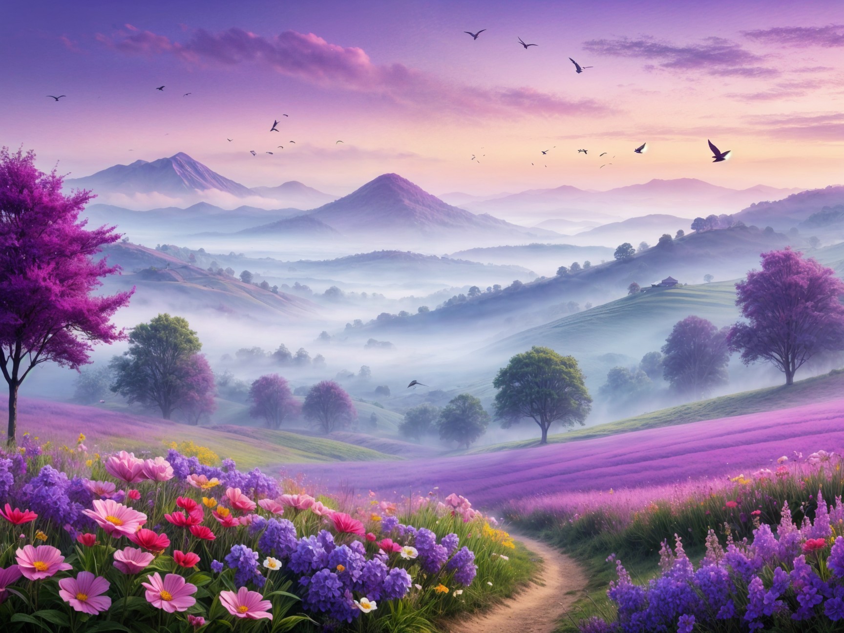 Dawn Landscape with Hills, Wildflowers, and Mountains