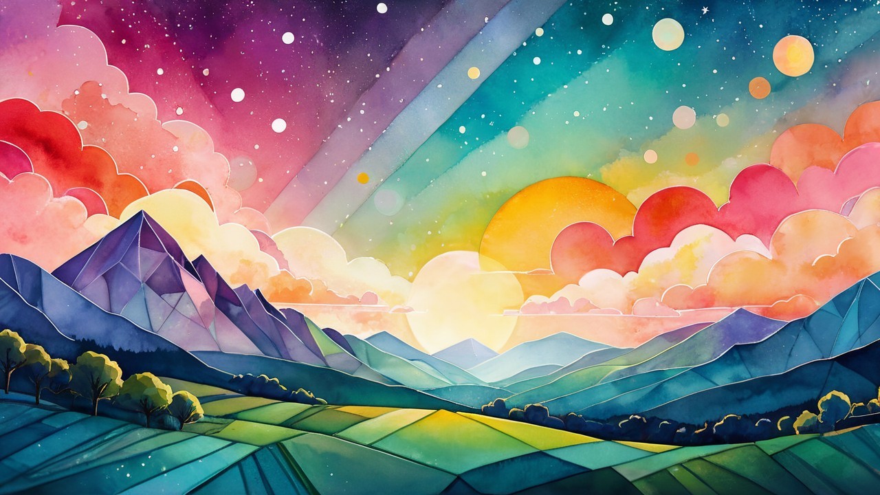 Vibrant Watercolor Landscape with Mountains and Sky