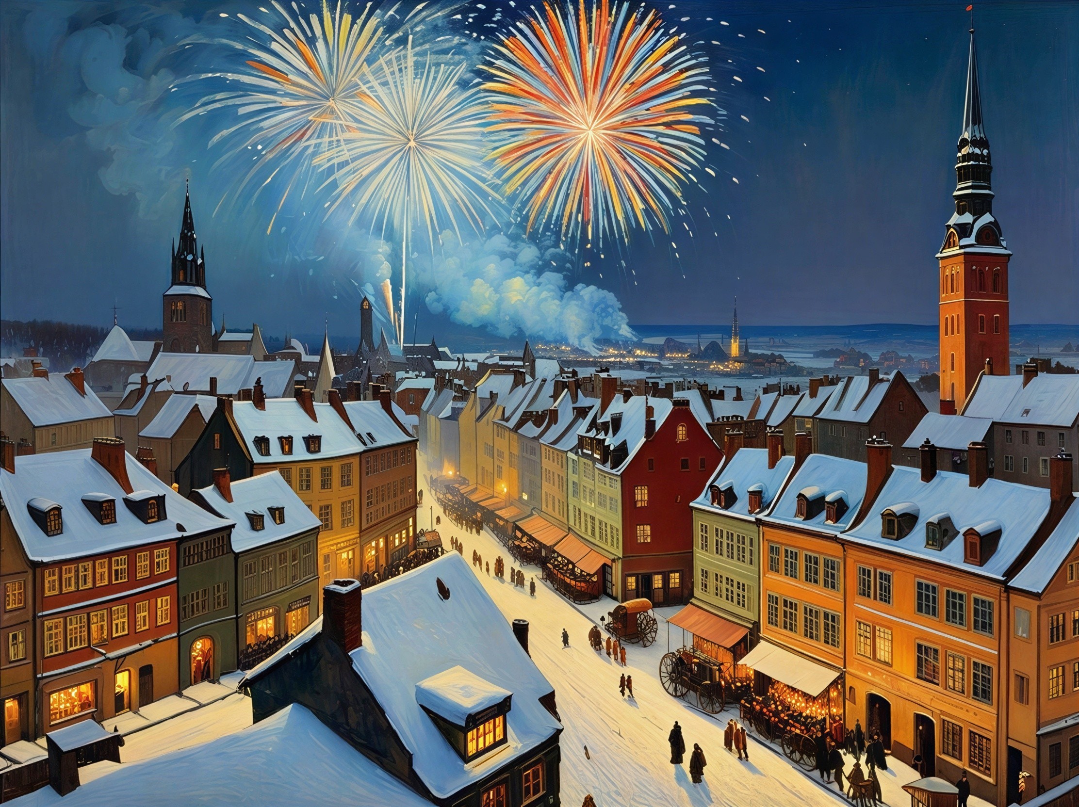 Snowy European Town at Night with Fireworks Display