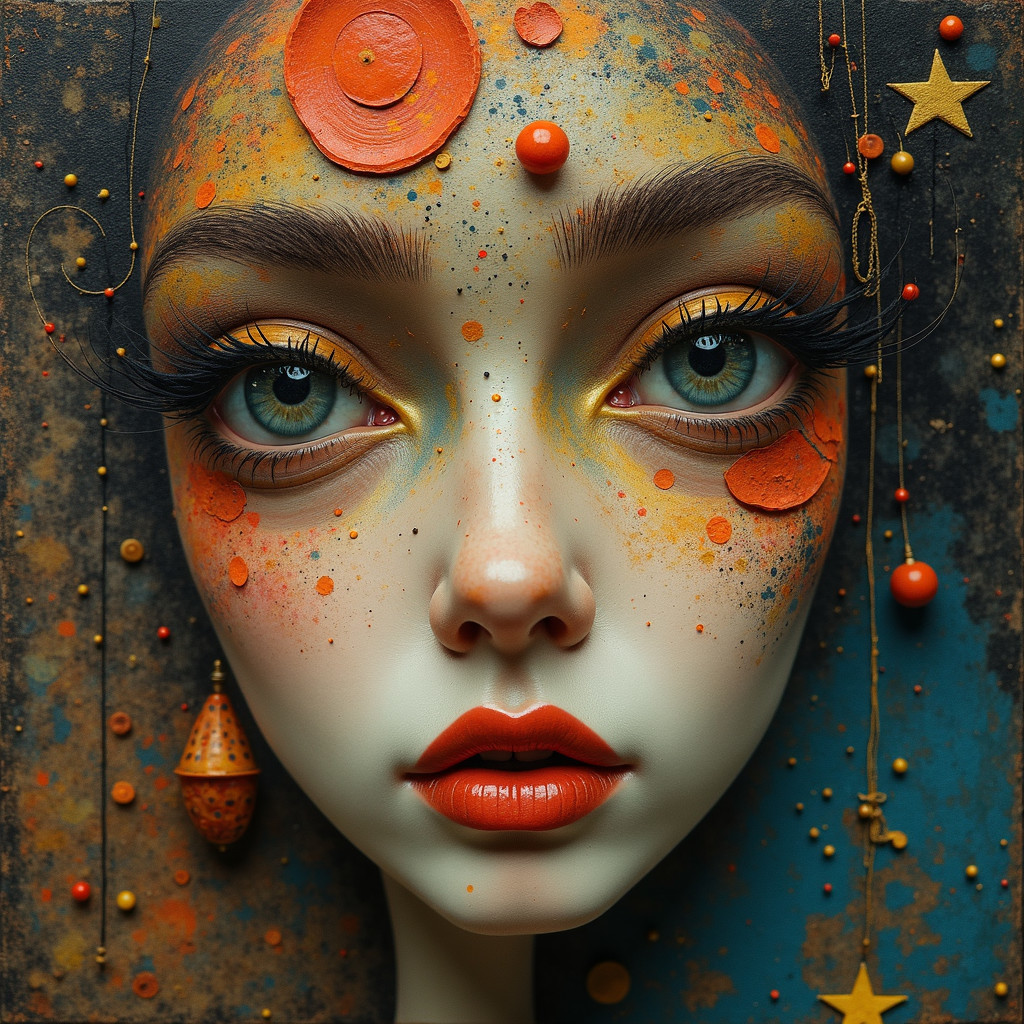 Hyper-realistic face with colorful background elements