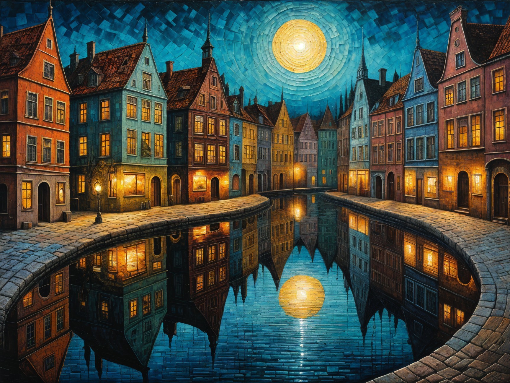 Serene Night Scene with Colorful Canal and Buildings