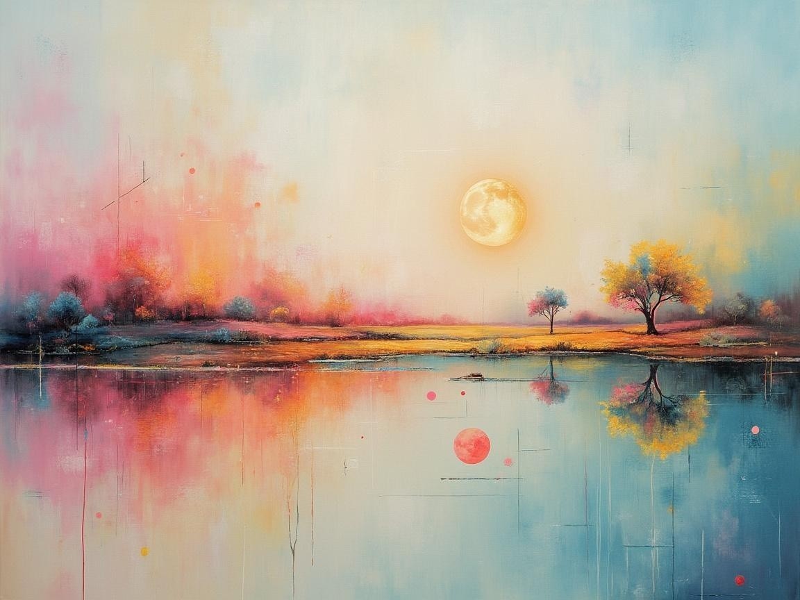 Tranquil Lake at Sunset with Vibrant Colors and Moon