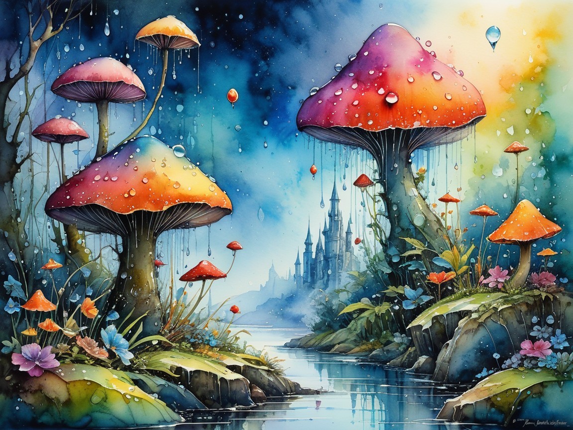 Whimsical Landscape with Oversized Mushrooms and Castle