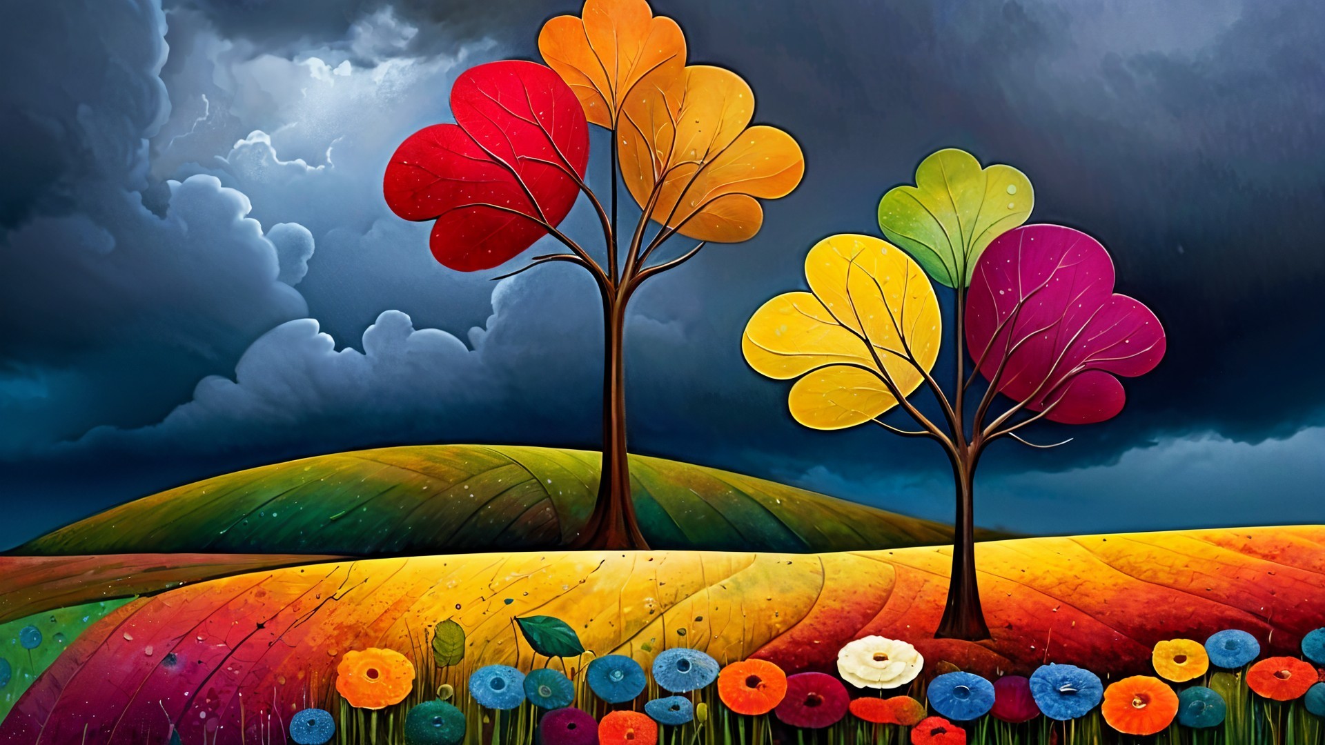 Vibrant Landscape with Colorful Trees and Flowers